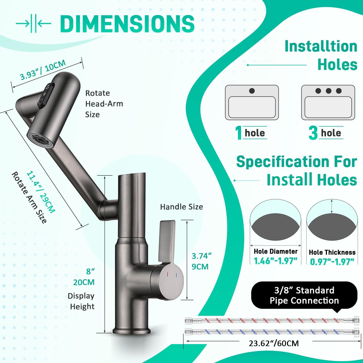 Bathroom Sink Faucet, Rotatable Faucet with Temperature Display in Celsius(Batteries-Free), 1080° Swivel | 3 Water Modes Faucet for Bathroom Kitchen Rv, LCF-2401, Grey