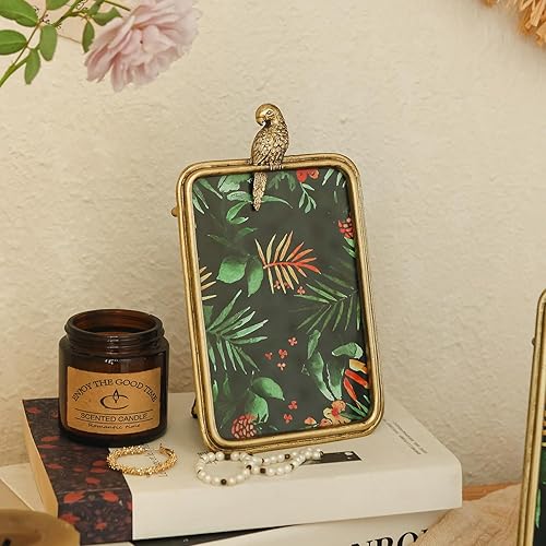 Miniatura 4 de NIKKY HOME Juego de 2 portarretratos dorados de 4 x 6 y 5 x 7 pulgadas con vidrio de alta definición, temática tropical hawaiana con loro de búho,