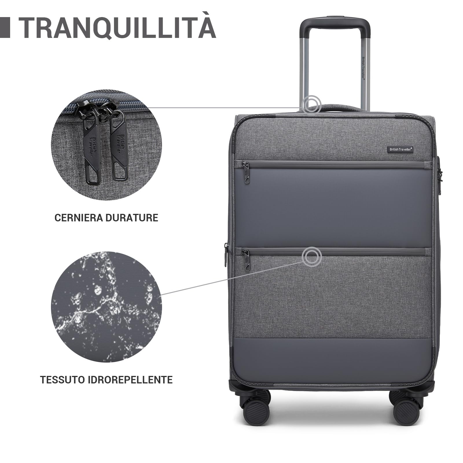 British Traveller Valigia Trolley Grande Rigido Espandibile 79,cm Valigie Rigida da Viaggio con 4 Ruote Girevoli e TSA Lucchetto(28pollici, Grigio)