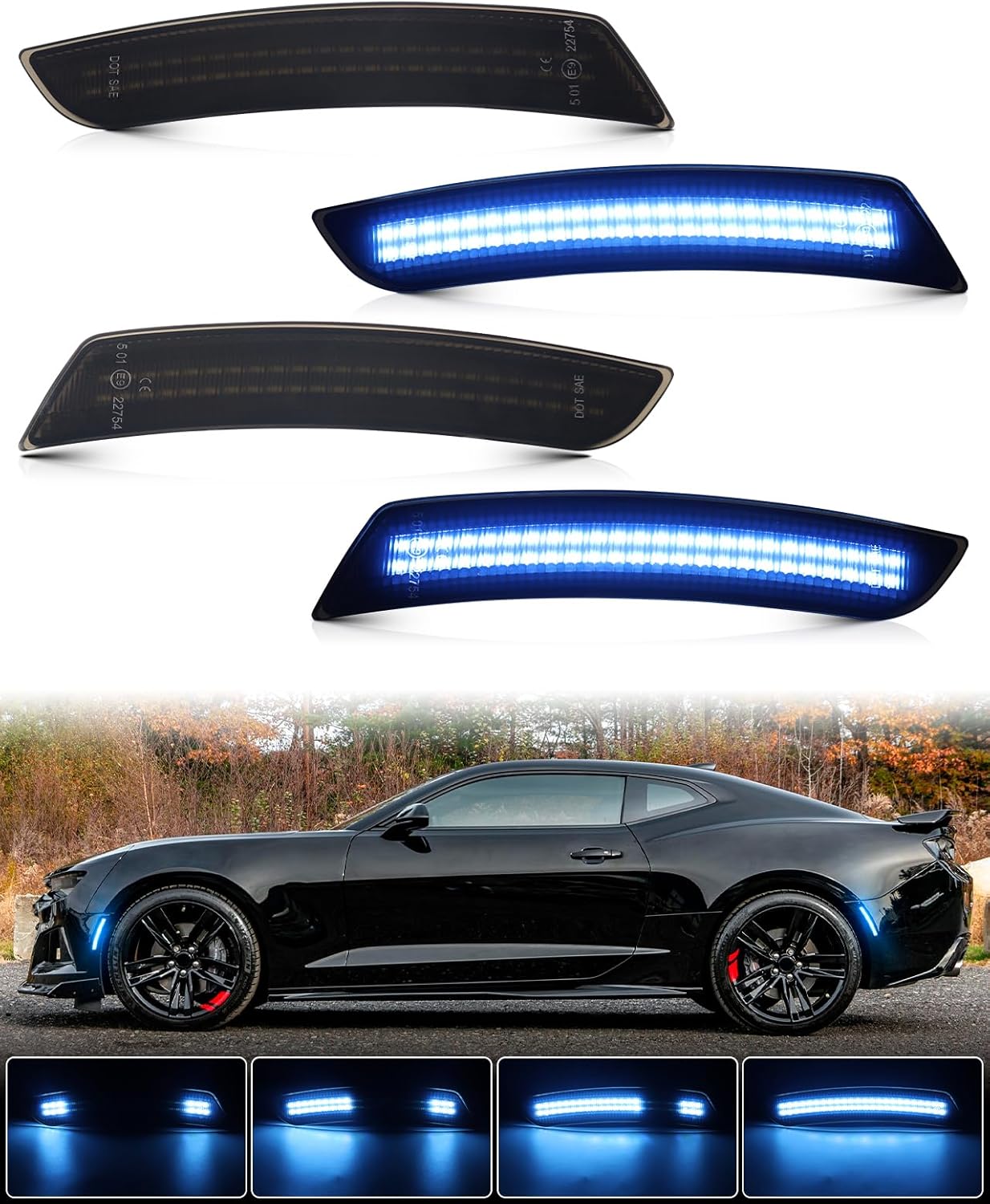 Dynamic Blue Side Marker Lights Fit for 2016-2024 Chevy Camaro ZL1/LS/LT/SS/RS/6th Gen, 2014-up Cadillac CTS, 2015-up Cadillac ATS, Front Rear LED Bumper Fender Marker Lamp, Smoked Lens 4PCS