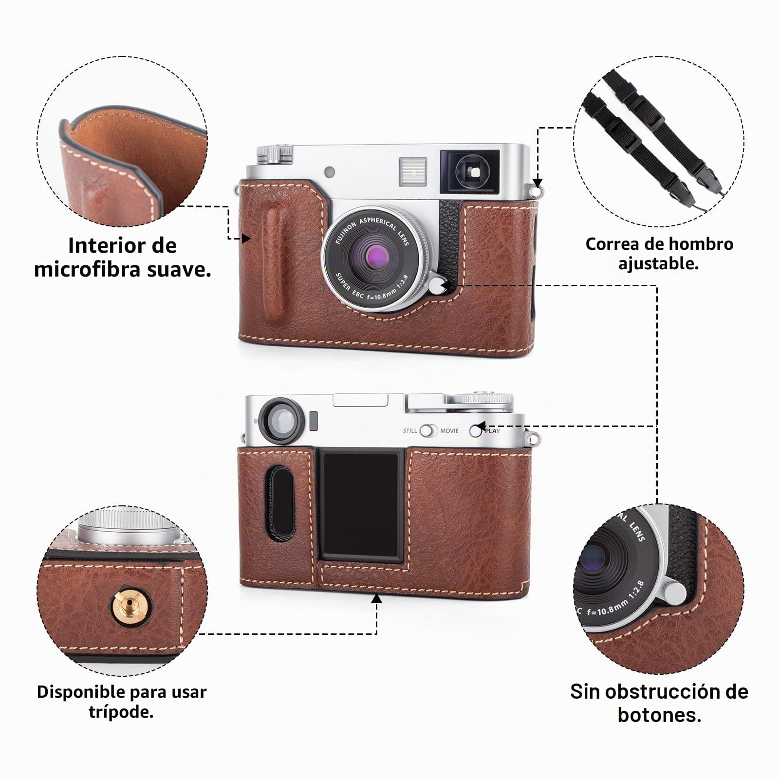 Rieibi X-Half Case, funda de piel sintética para cámara Fujifilm mitad sin espejo, funda protectora con correa de hombro ajustable, marrón