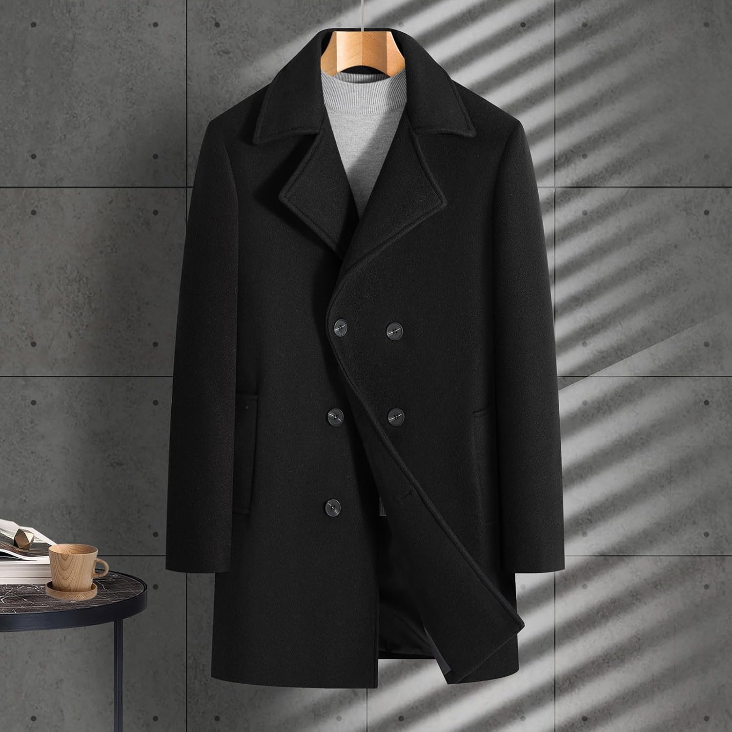 Mens Trench Coat Double Breasted Wool Blend Pea Coats Notched Lapel Long Jacket Warm Fall Winter Wool Overcoat
