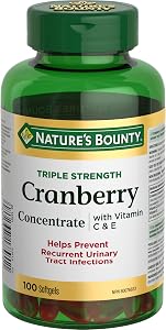 Concentré de canneberge NATURE'S BOUNTY avec vitamines C et E, 174,9 g | Triple force, aide à prévenir les infections urinaires récurrentes, fournit des antioxydants, gélules molles
