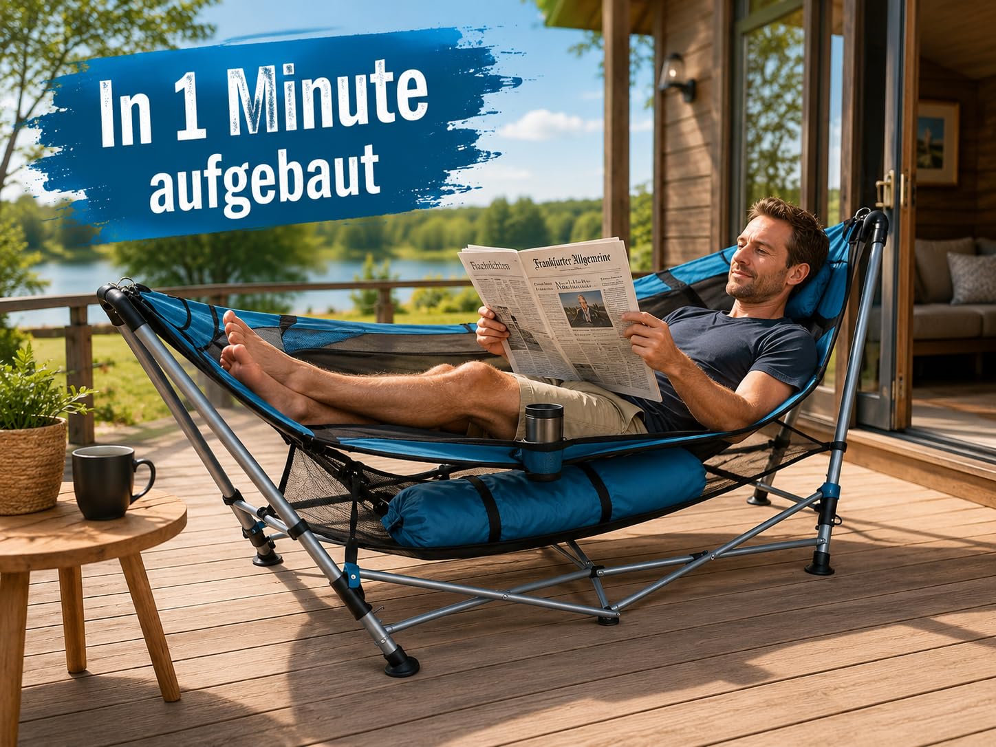 Camping Hängematte mit Gestell Klappbar bis 135 kg – Gartenhängematte Tragbar mit Kissen, Getränkehalter & Tasche – Outdoor Hängematte für Garten, Balkon, Terrasse, Camping & Reisen