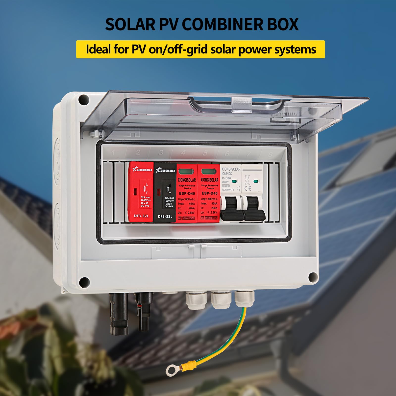 VOU Combinateur solaire DC 600 V pour panneau solaire, 1 chaîne avec connecteur parafoudre pour système de panneau solaire marche/arrêt, 1 entrée 1 sortie 15 A, disjoncteur 63 A, étanche