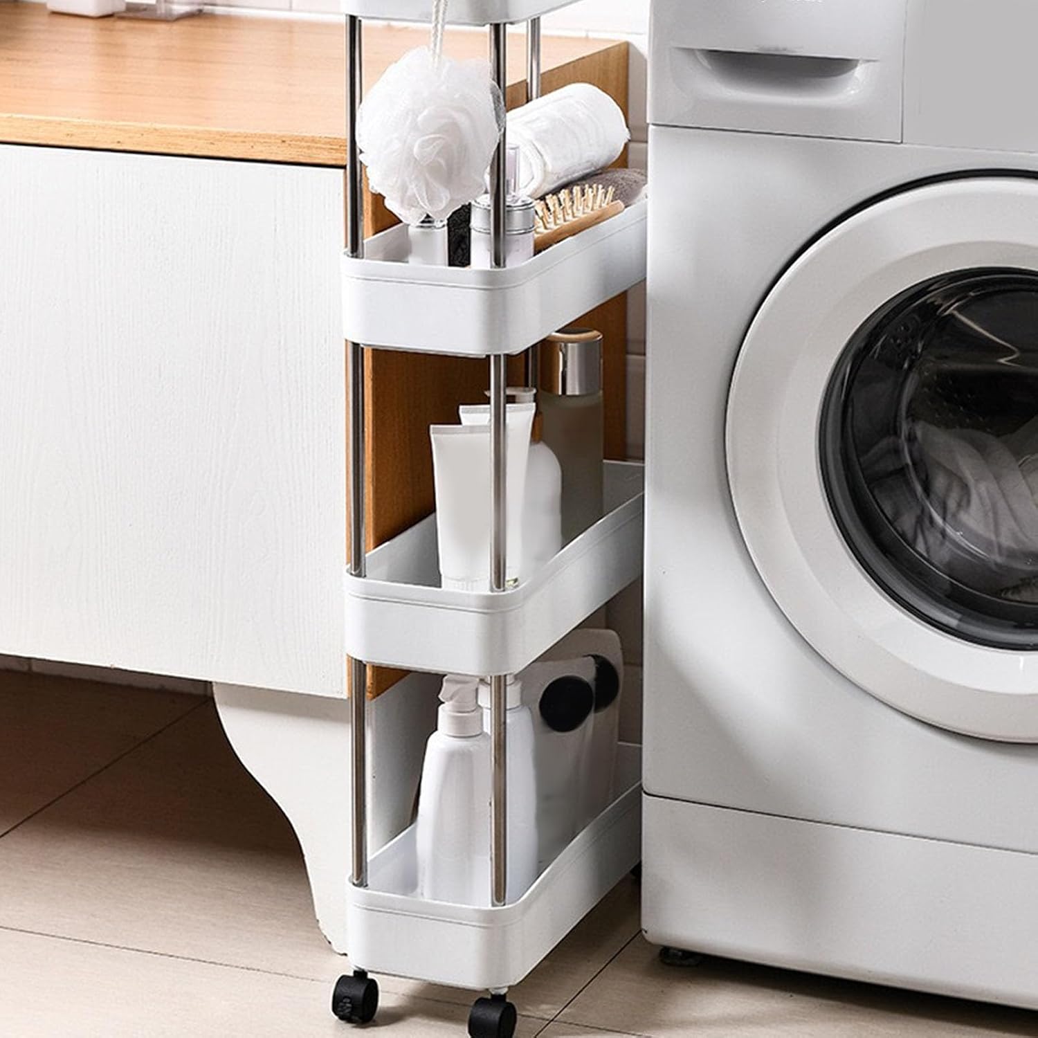 Fafeicy Slim Storage Cart, Sturdy Mobile Shelving, Rolling Cart for Kitchen and Bathroom, 38x12.5x86 Cm, Versatile Plastic and Metal Design