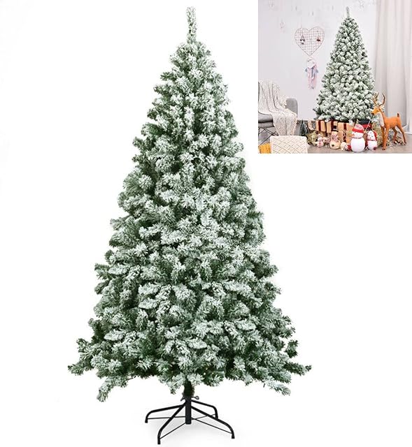 TANGZON 4.5FT/6FT Snow Flocked Christmas Tree, Premium Hinged Artificial Xmas Tree with 400/928 Tips & Foldable Metal Stand, Quick Setup Holiday Decoration Pine Tree for Home Office Shop (6FT/180CM)