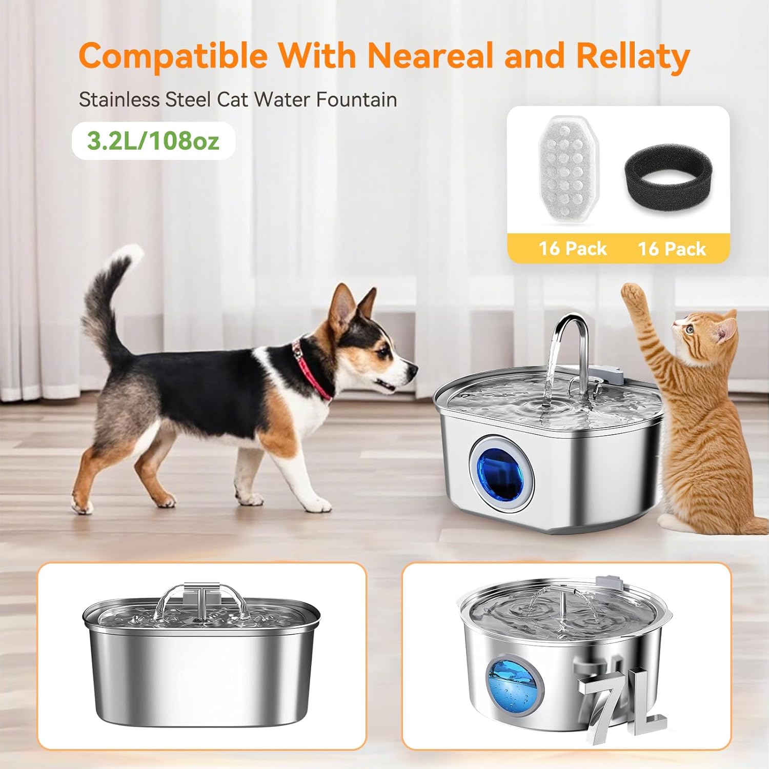 32 Pack Cat Water Fountain Filters for Rellaty and Neareal 3.2L/108oz Automatic Stainless Steel Cat Water Fountain, 16 Activated Carbon Filter + 16 Pre-Filter Sponges - Image 2