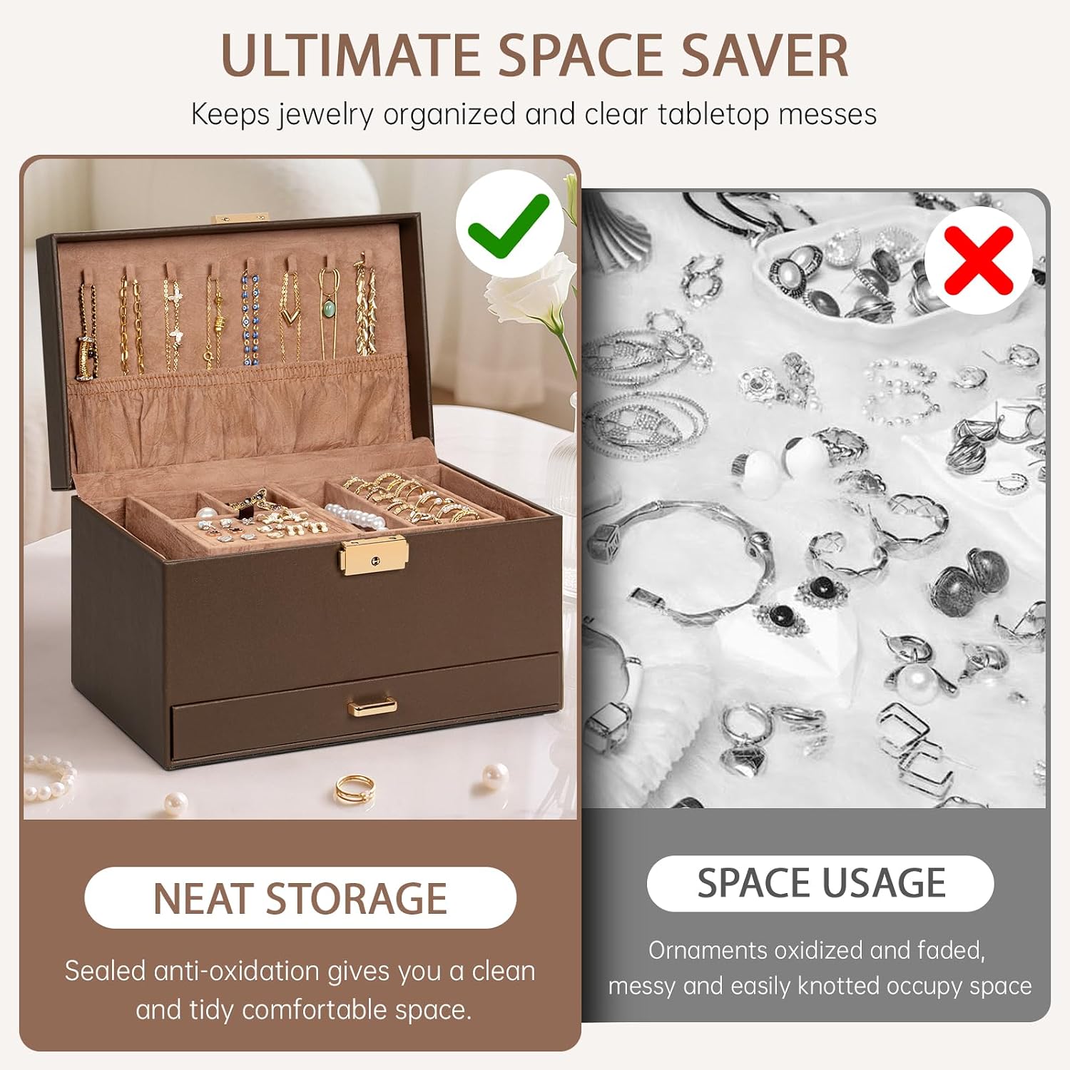 AKOZLIN Travel Jewelry Box Organizer Functional 2-trays Leather Jewelry Storage Case with Lockable Portable Drawer for Women Girls Ring Necklace Earring Bracelet