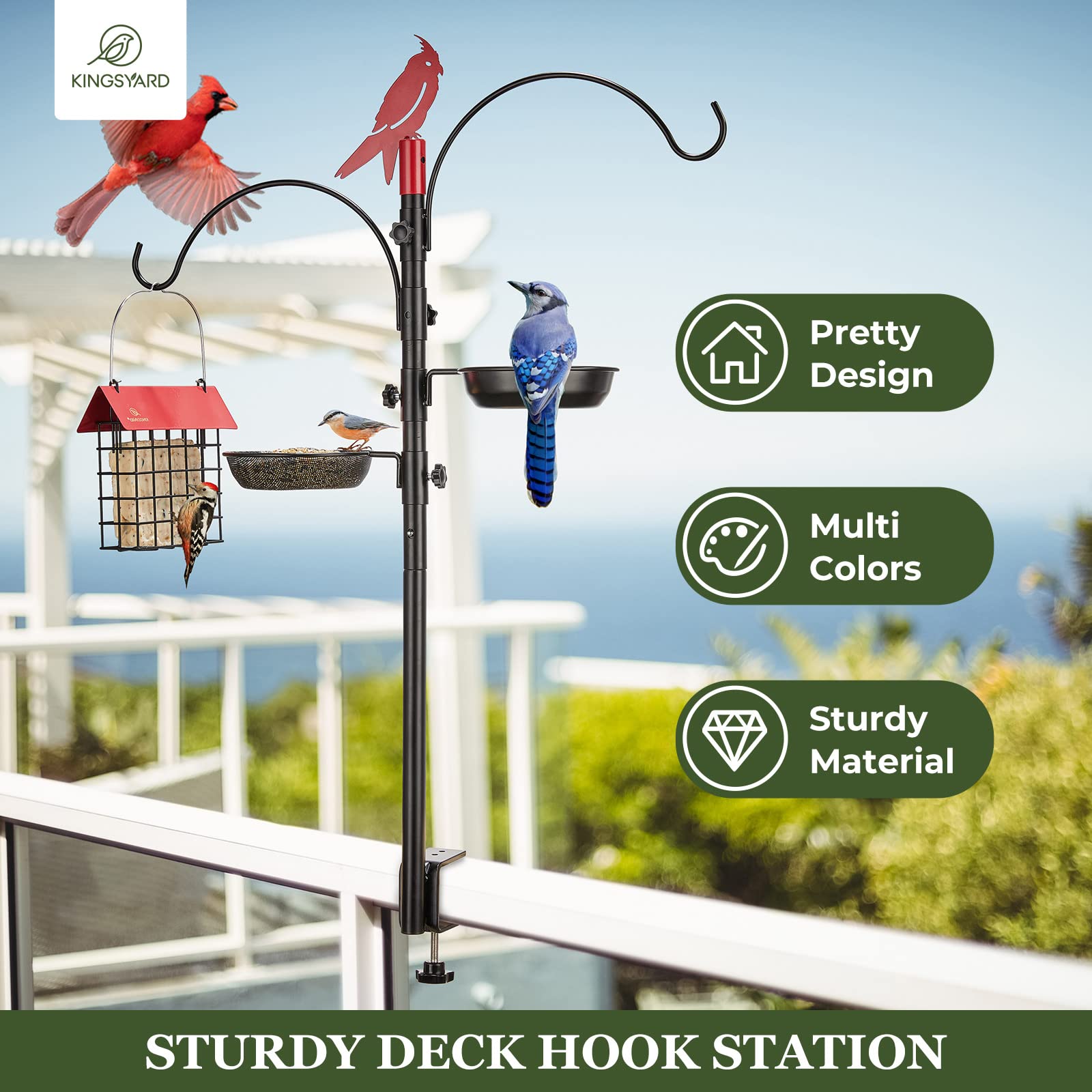 Kingsyard Deck Hooks Bird Feeder Pole, 34 inch, Heavy Duty Bird Feeding Station Kit, Porch Multi Hooks Bird Feeder Hanging Kit with Bird Bath, Seed Tray & Suet Cage (Red)