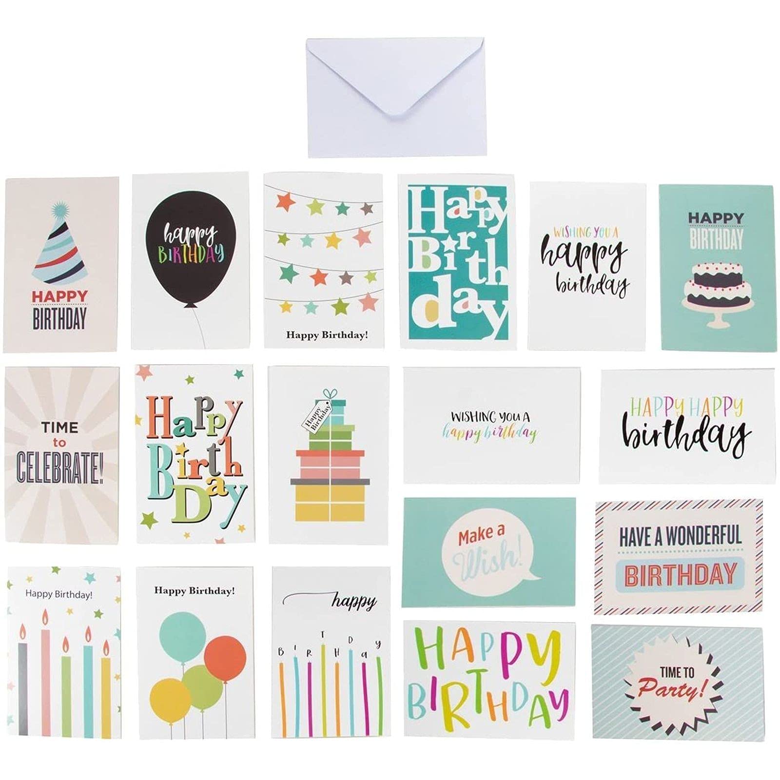 144-Pack Happy Birthday Cards with Envelopes, 18 Colourful Designs, 15.2 x 10.2 cm