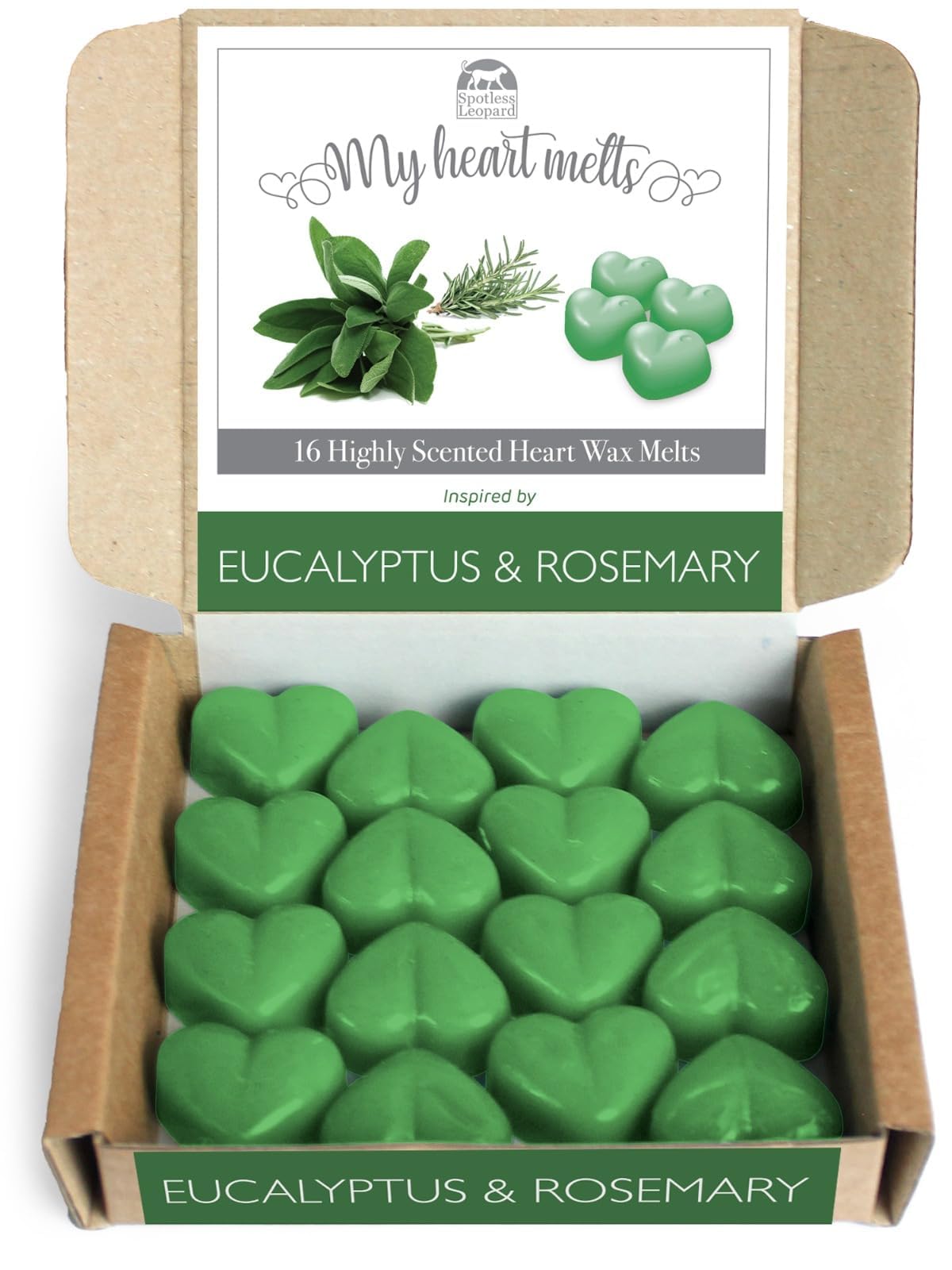 Eucalyptus Rosemary Wax Melts - 16 x 5g Strong Eucalyptus Rosemary Fragrance Wax Melts in an Elegant Presentation Gift Box Spotless Leopard Birthday Gift - Made in UK