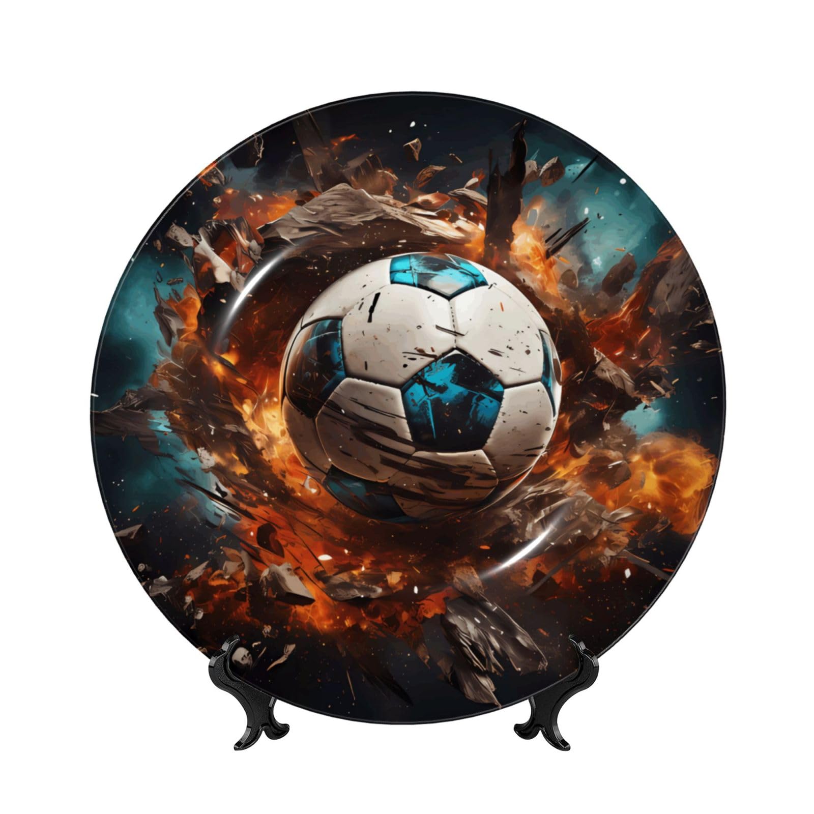 SXZVVBN Firecracker Soccer Bone China Decorative Plate Art with Stand Removable Adhesive Hanging for Home Office 10in（25cm）