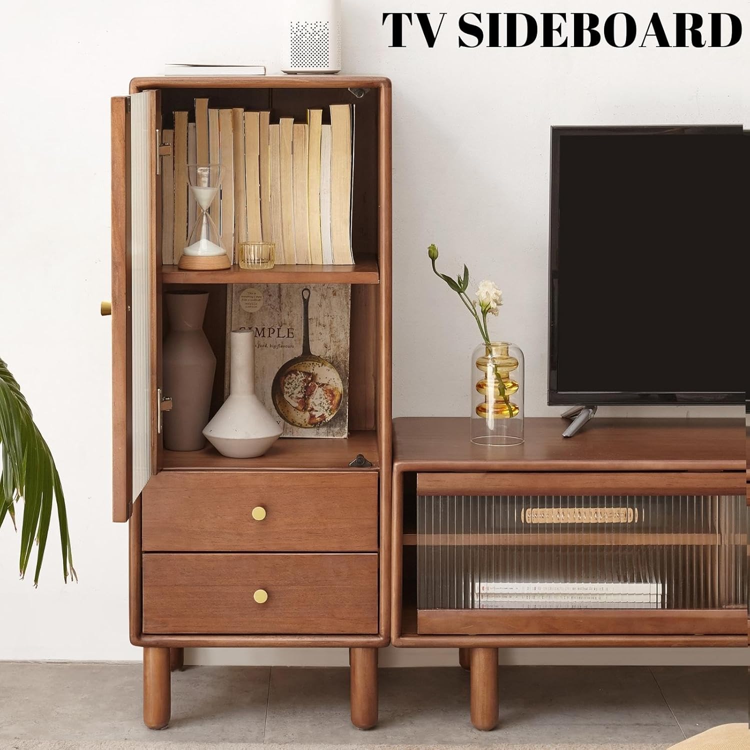 Buffet Cabinet-100% Solid Oak Wood Storage Cabinet with Drawers & Door-Floor Cabinet,Accent Cupboard-Versatile Sideboard for Living Room, Entryway, Kitchen-37.4IN,Walnut Color