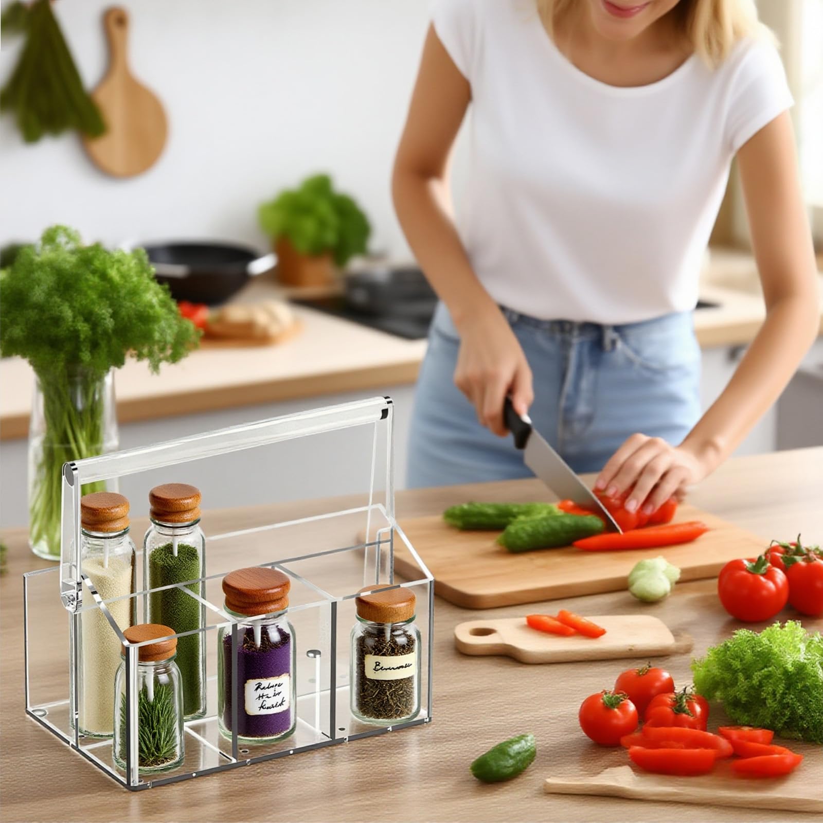 Cestino portaposate in acrilico con 4 scomparti – Porta posate in plastica trasparente per cucina buffet party – Organizzatore portaposate con manico per piatti, posate tovaglioli