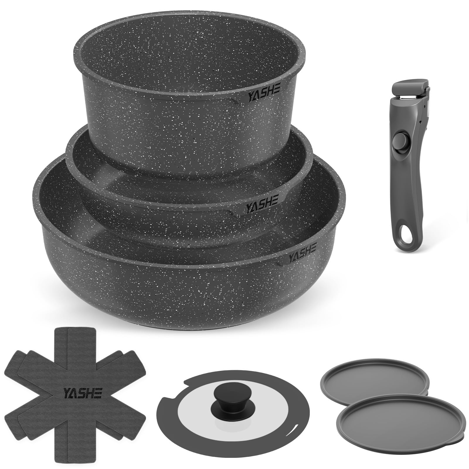 Batterie De Cuisine 9 Pièces Antiadhésive – Compatible Induction, Poignées Amovibles, Gain De Place – Grise