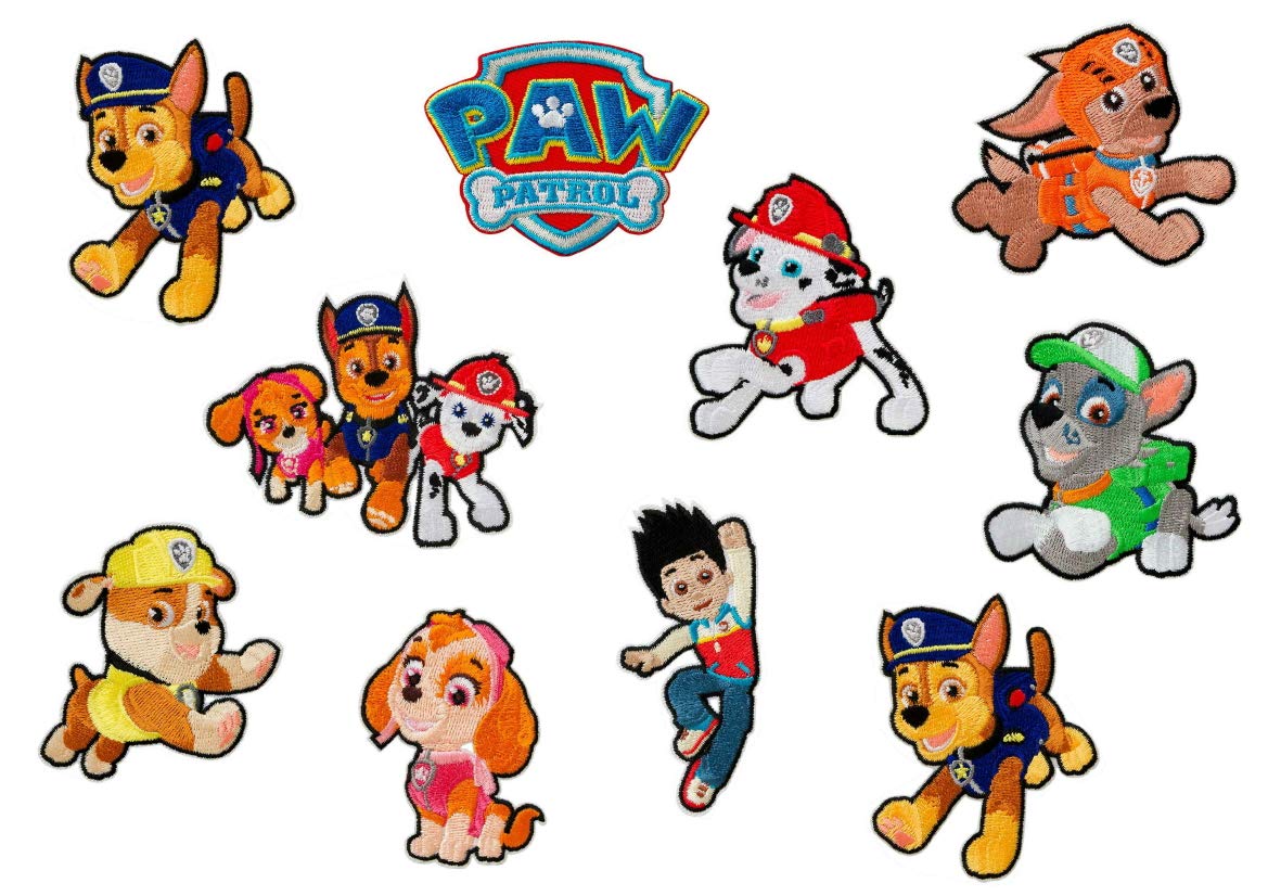 Mono-Quick Paw Patrol Chase Marshall Skye Aufnäher Set 10 Stück zum Aufbügeln Bügelbild für Kinder mit Superhunde Hund Welpen Fan, Bügelpatch Patches Bügelflicken Geschenk
