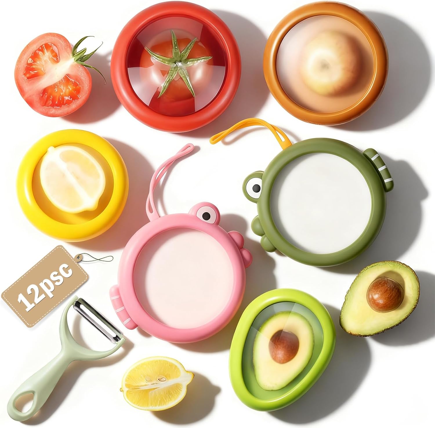 Set of 12 Fresh Food Containers with 2 Fruit Peeler, Fresh Pod, Reusable Silicone Storage Pods for Avocado, Onions, Tomatoes, Garlic  Freshness Seal for Fridge, Send Goods from Local Warehouse
