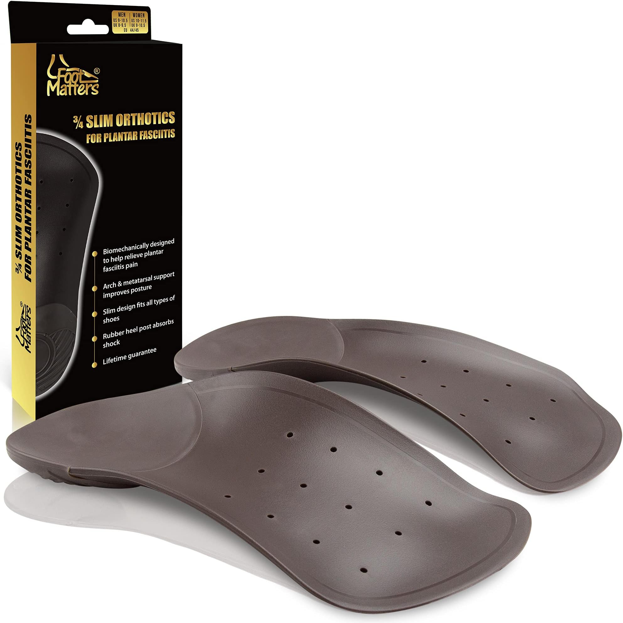 FootMatters 3/4 Slim Orthotic Inserts – for Plantar Fasciitis Pain Relief –Insoles for Women and Men with Arch Support & Heel Cup (L – US Men 11-13)