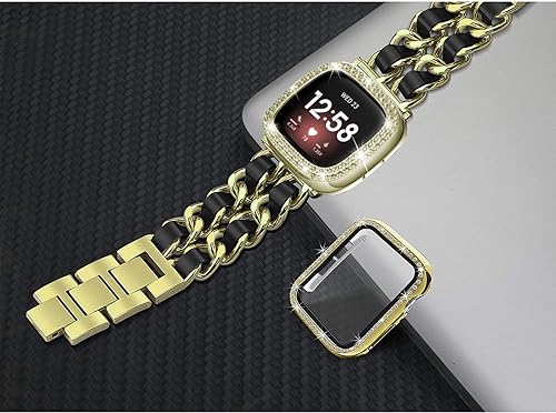 Vista 41 de Correa brillante y funda compatible con Fitbit Versa 4/Fitbit Sense 2 para mujer, pulsera de metal de acero inoxidable de repuesto para Fibit Sense