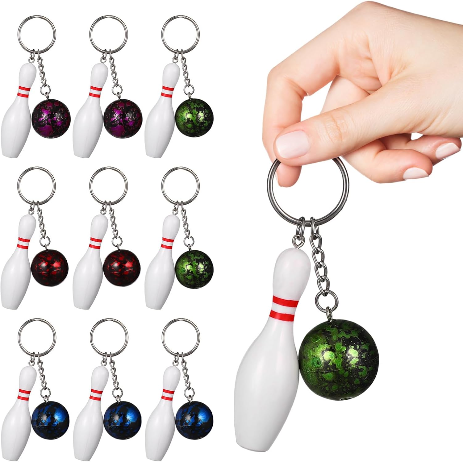 Angoily Bowling Party Favors 10pcs Mini Bowling Pin Keychain Pendant Set Small Bowling Ball Keyring for Sports Birthday Team Games Souvenir Bag Decor Realistic Key Chains Assorted Colors