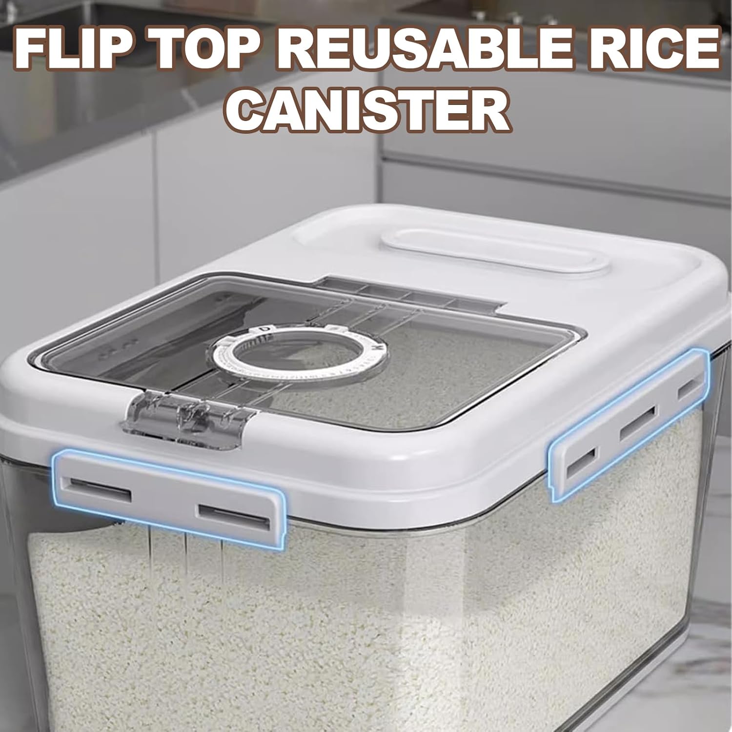Rice Storage Bins, 33LB Airtight Large Capacity Food Storage Container with Magnetic Flip Lid, Food-Safe Grain Storage Bin for Rice, Flour, Pet Food, Kitchen Pantry Organizer