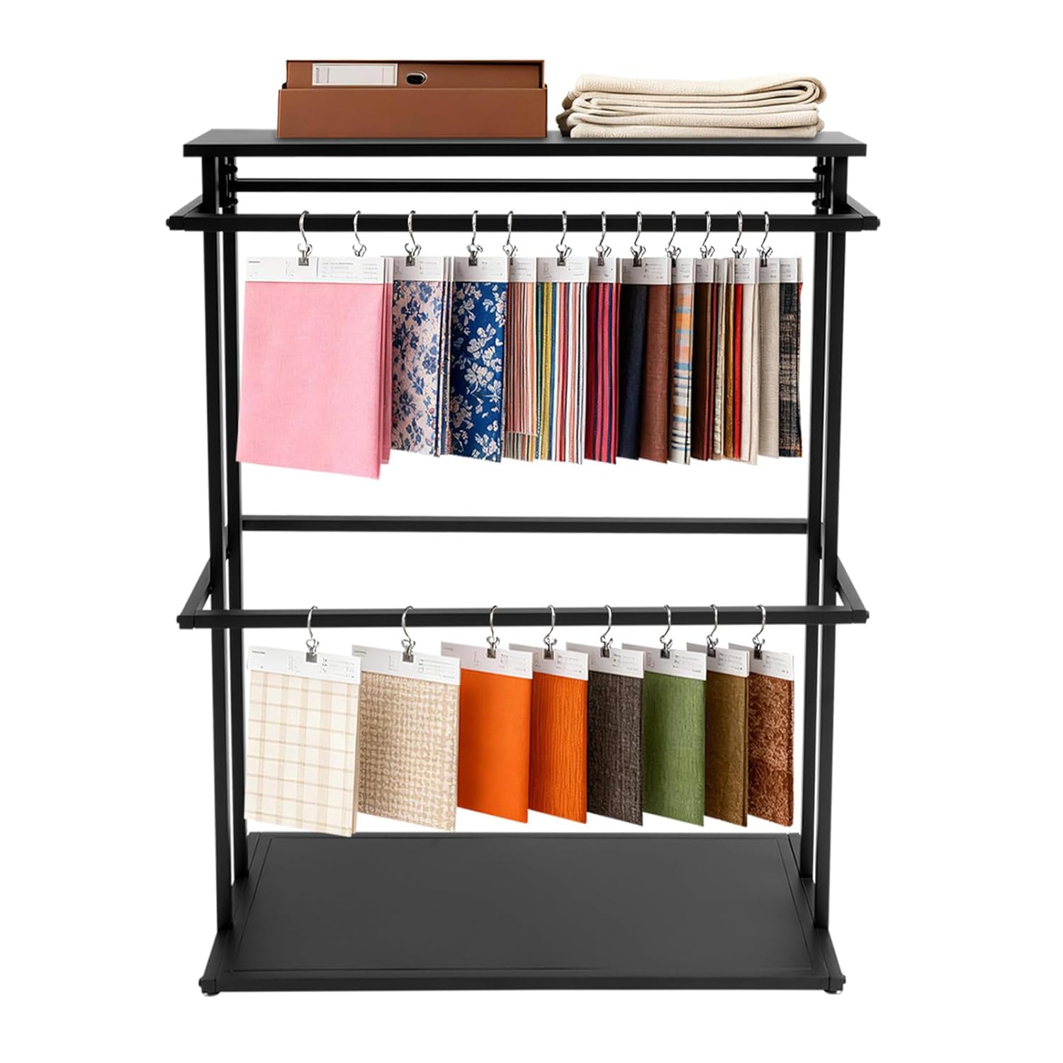 Commercial Double-Sided Fabric Sample Display Rack, Metal Stand with Top Shelf, Adjustable Feet for Fabric, Scarves, Curtain, Leather Swatches Retail Store & Showroom (Black)