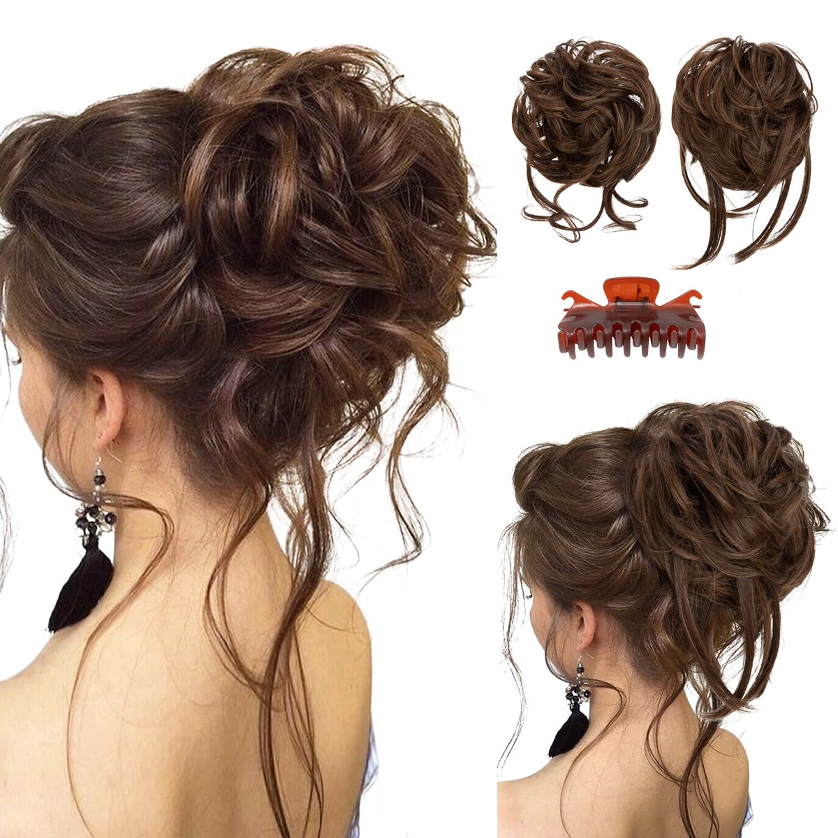 SARLA 2PCS Messy Bun Hair Pieces for Women Detachable Claw Clip Wavy Curly Synthetic Hairpieces for Updos with Tendrils Fake Scrunchies Ponytail Extension Chocolate Multi
