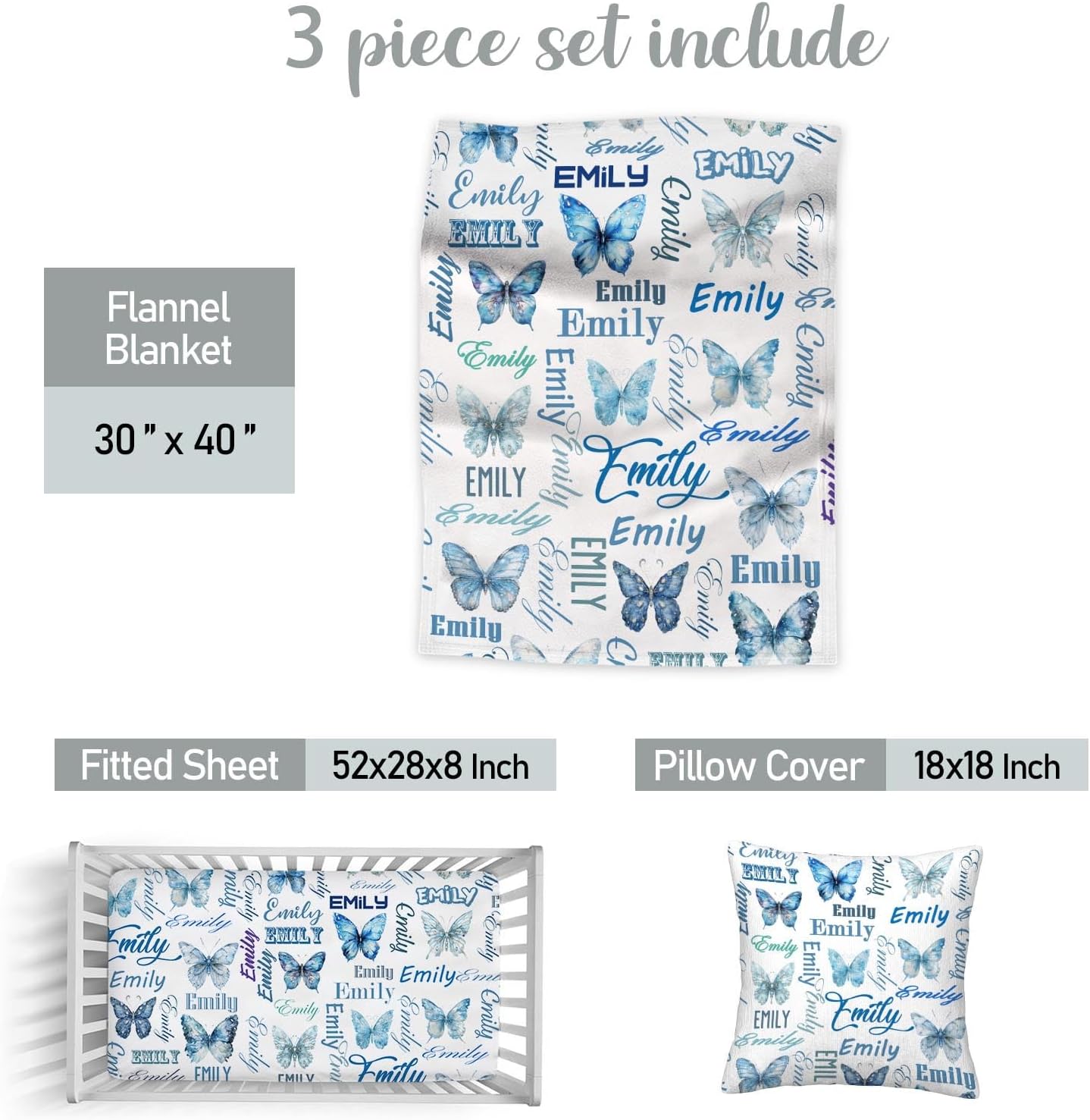 Personalized Butterfly Crib Bedding Set for Baby Girls – Custom Name 3 Piece Nursery Set with Flannel Blanket, Fitted Crib Sheet & Pillowcase – Infant & Toddler Bedding Gift