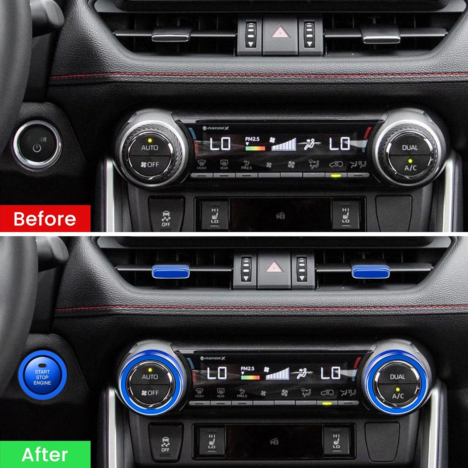 DIAMOOKY 6PCS Center Console Knob Cover for Toyota RAV4 Accessories 2025 2024 2023 2022 2021 2020 2019, Rav 4 Push Start Button Trim Ring, Air Vent Adjust Paddles Cover, Metal (Blue)