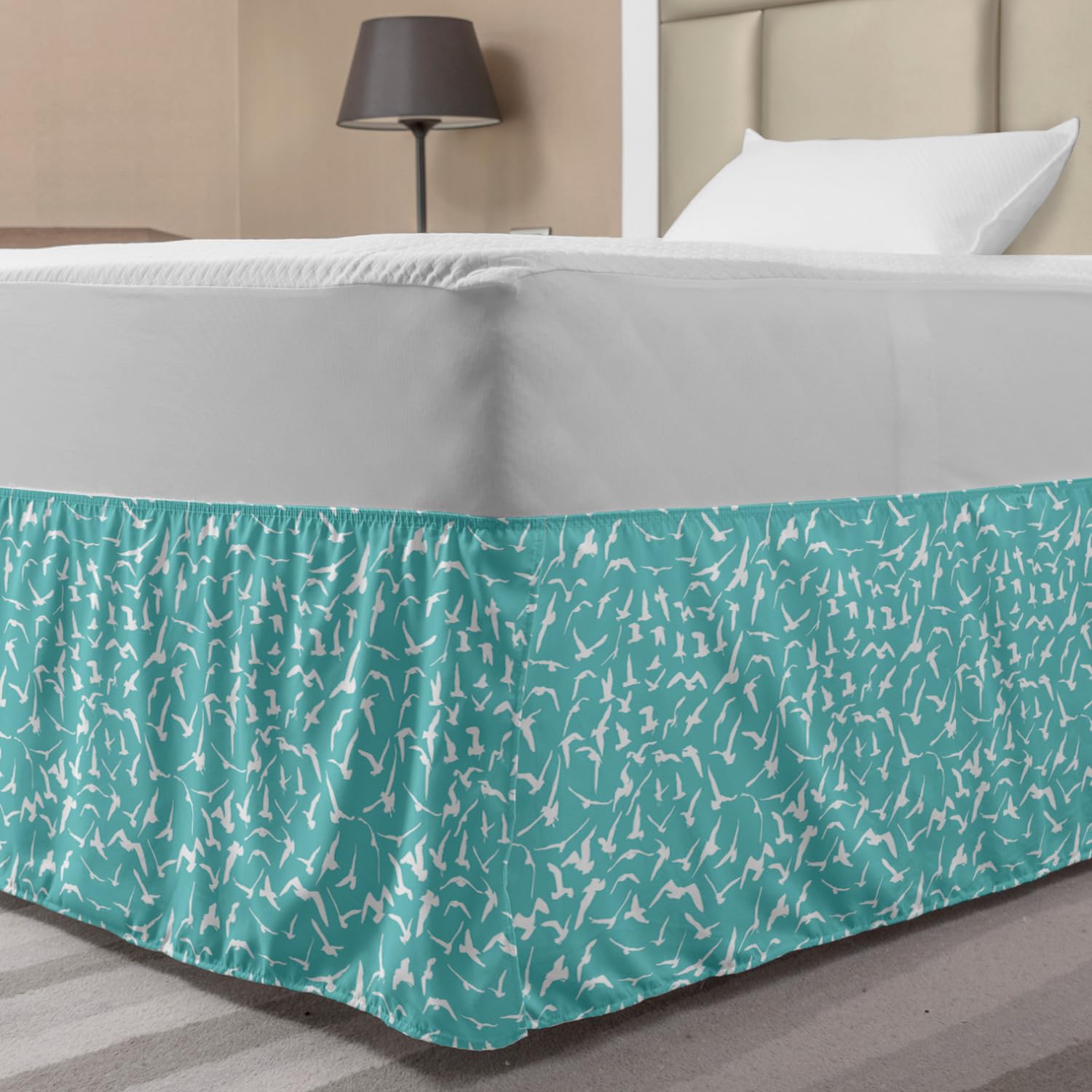Lunarable Seagulls Bed Skirt Seagulls Silhouette Group of Different Actions of Sea Birds Illustration Elastic Bedskirt Dust Ruffle