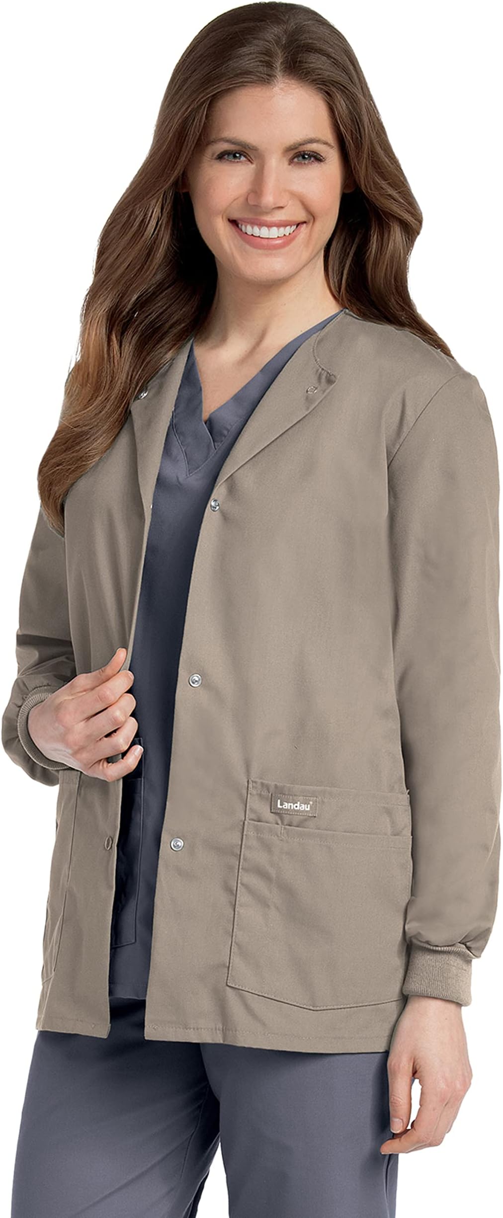 Landau Essentials Relaxed Fit 4-Pocket Snap-Front Scrub Jacket for Women 7525
