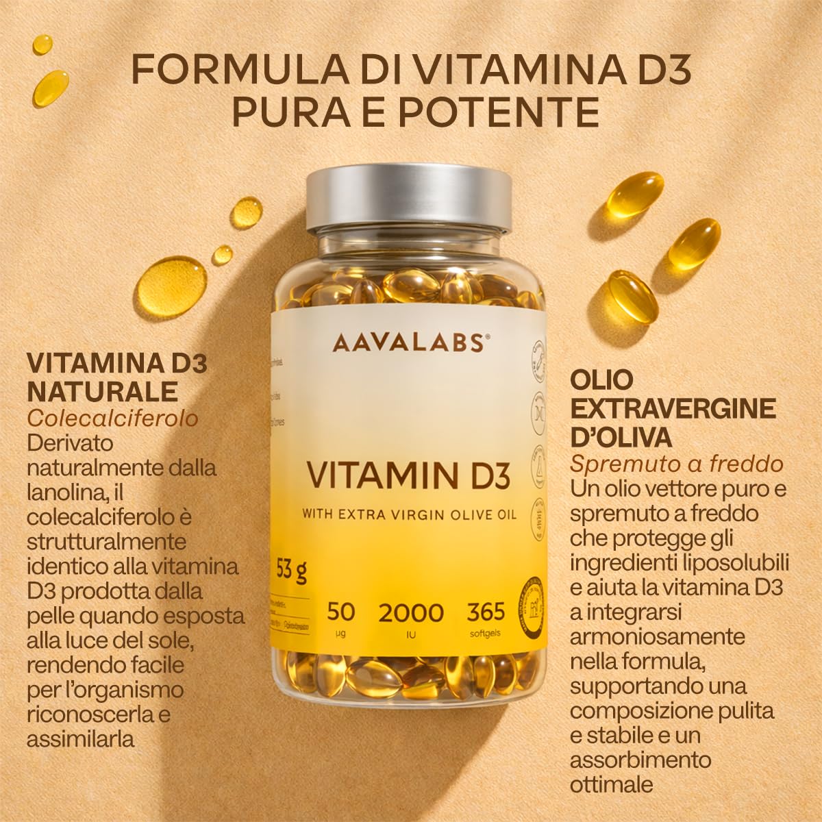 Vitamina D3 2000 UI [Fornitura di 1 Anno] - Integratore Vitamina D 2000 UI con Olio EVO per assorbimento ottimale - Non OGM - Contribuisce alla funzione ossea, muscolare e immunitaria - 365 Capsule