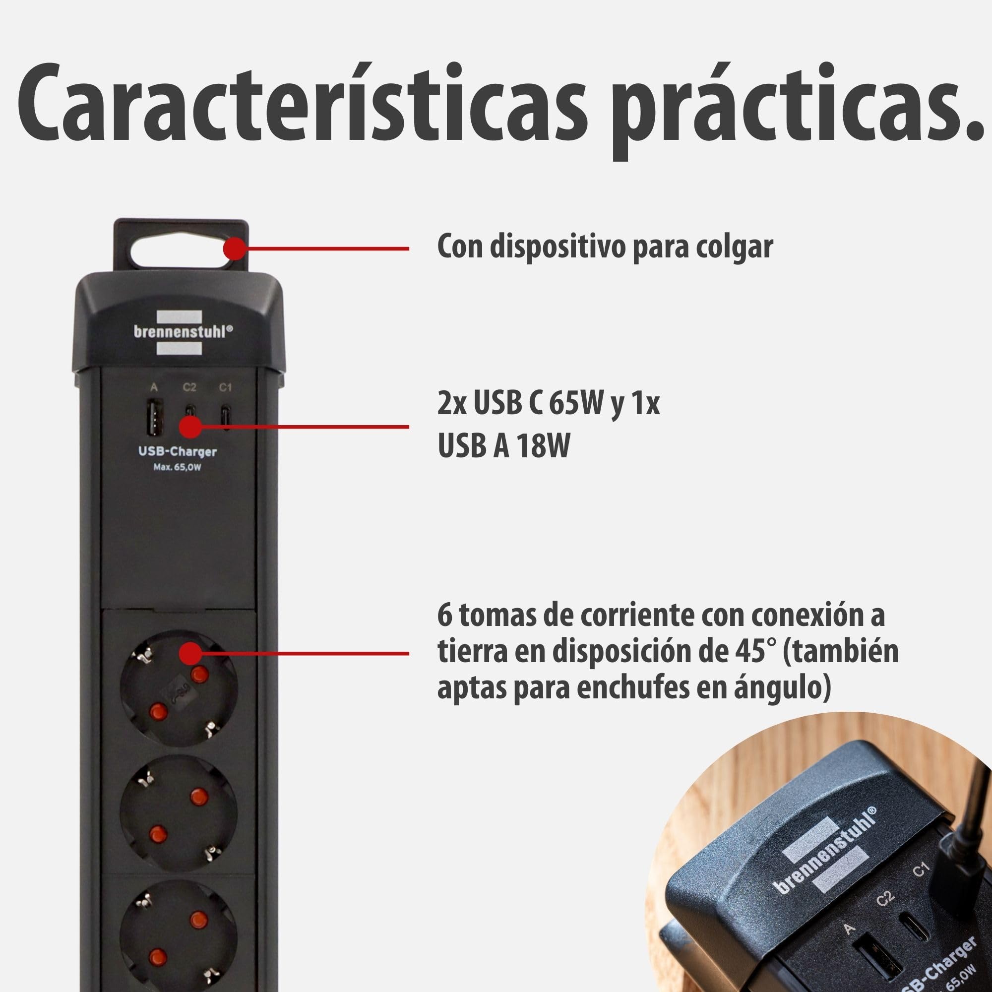 Brennenstuhl Premium-Line regleta de enchufes de 6 vías con 2X USB C PD 65W y USB A 18W (Made in Germany, regleta con Interruptor y Cable de 3m, para Montaje en Pared) Negro