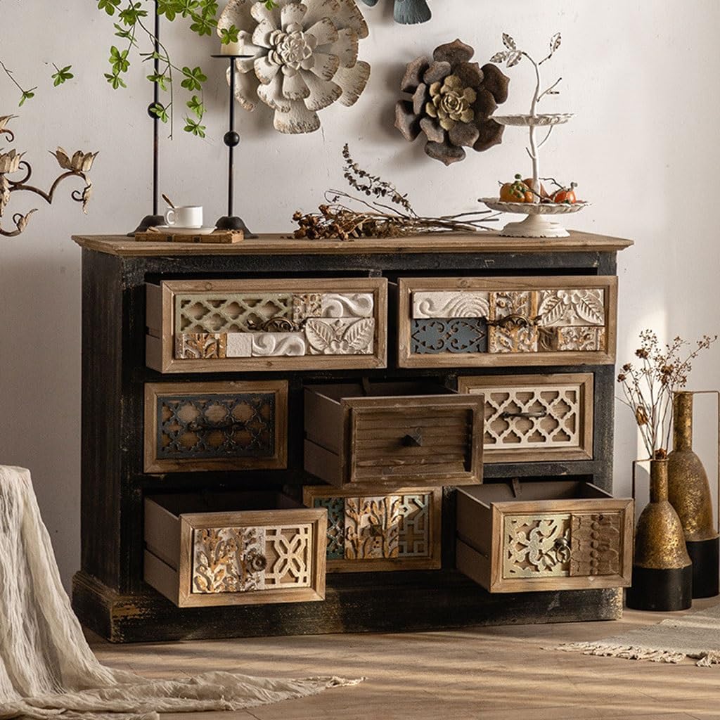 Buffet Cabinet Bedroom And Dining Room Drawer Storage Cabinet Retro Aged Carved Sideboard Living Multifunctional Entrance Buffet Cabinet with Storage