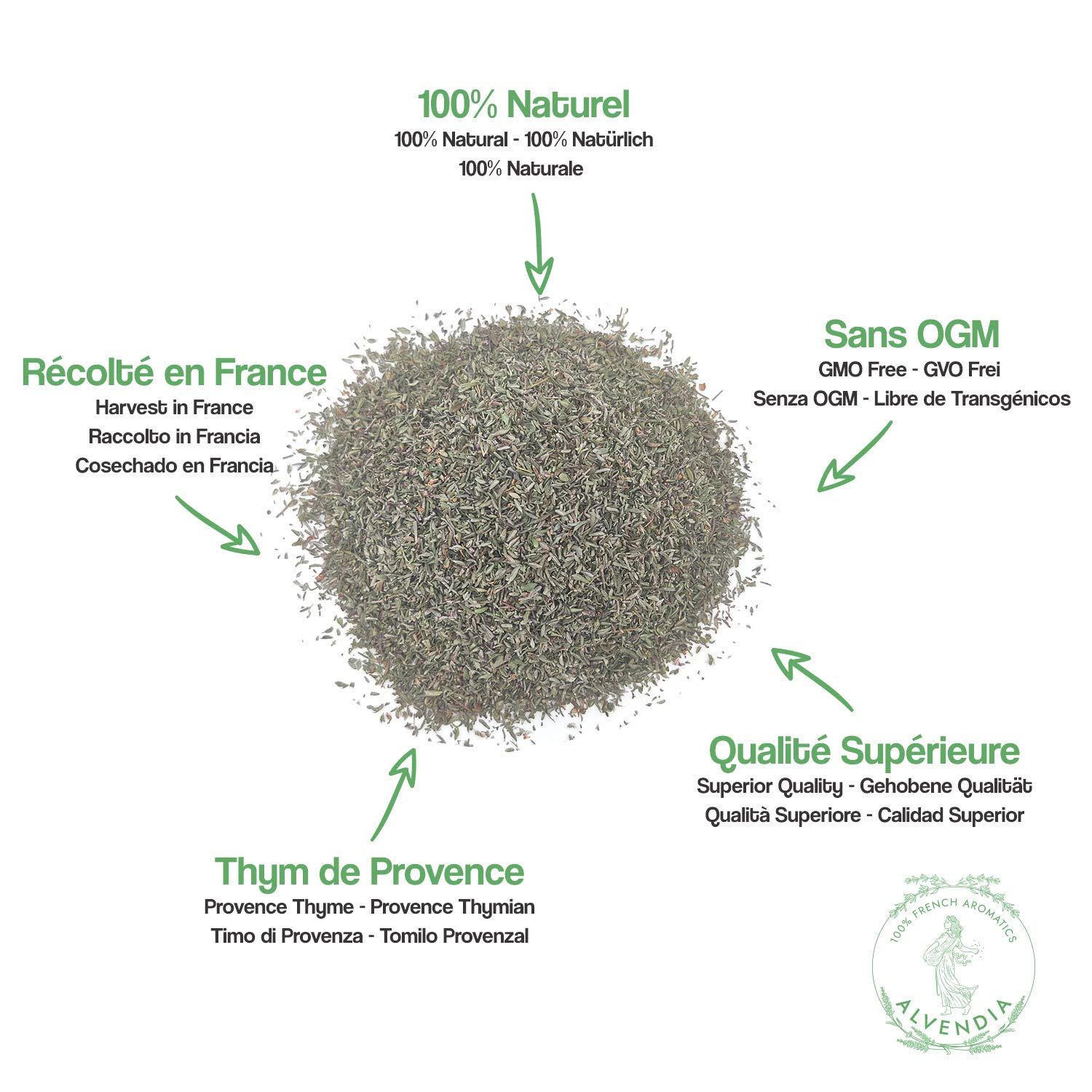 ALVENDIA - Véritable Thym de Provence - Cultivé et Récolté dans le Sud de la France - Paquet de 400 Grammes - Récolte 2025
