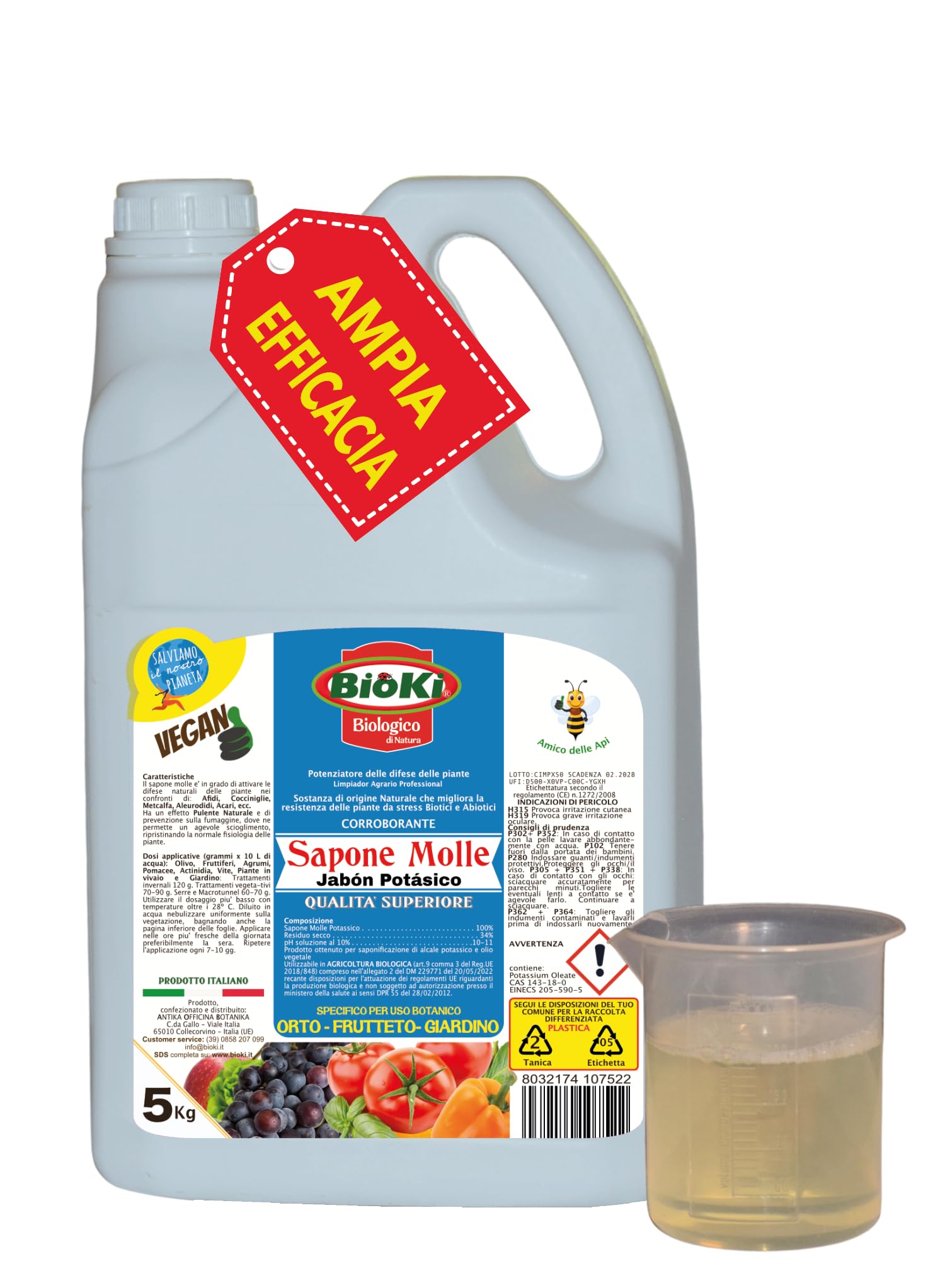 Sapone Molle Potassico Alta concentrazione e Efficacia in presenza di insetti, malattie, fumaggine - lavamelata. 5 Kg - FORMATO GRAN RISPARMIO