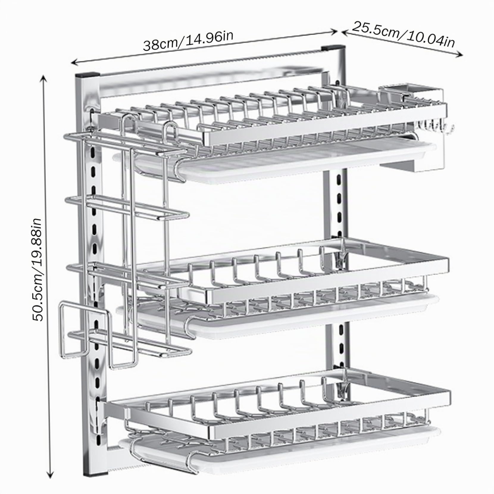 Genérico Secado de Platos Montado en la Pared Colgante Con Escurridor, Ganchos y Soporte para Cubiertos - Sin Perforación, Acero Inoxidable, 3 Niveles