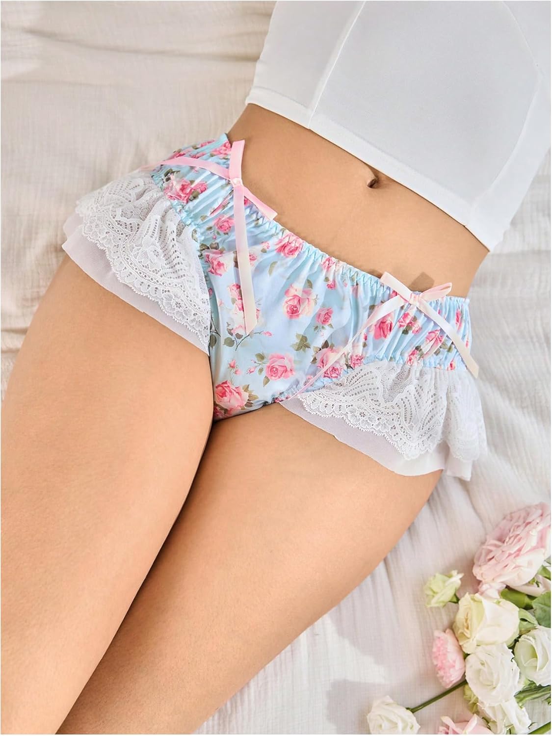 SHENHE Women's Plus Size Satin Panty Ruffle Lace Floral Underwar Low Rise Coquette Bow Brief - Image 4