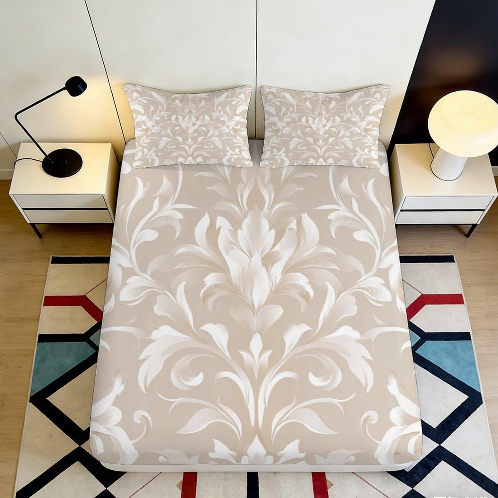 3D Printed Beige Damask Fitted Sheet Microfiber Soft Elegant Floral Mattress Cover for Bedroom Guest Room Decor 90x200x25cm