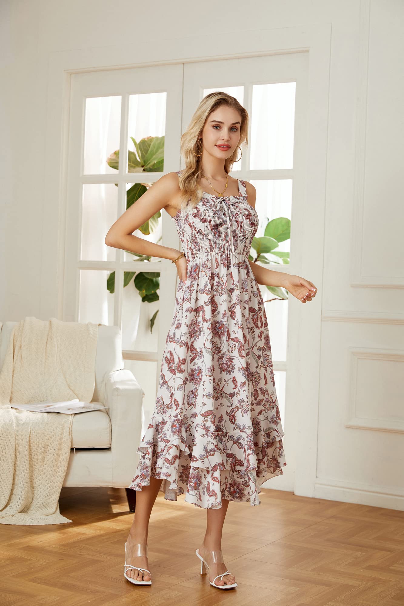 GRACE KARIN Vestito Donna Pieghe Spalline Sottili Senza Manica Stampata Floreale Lunghezza alla Caviglia