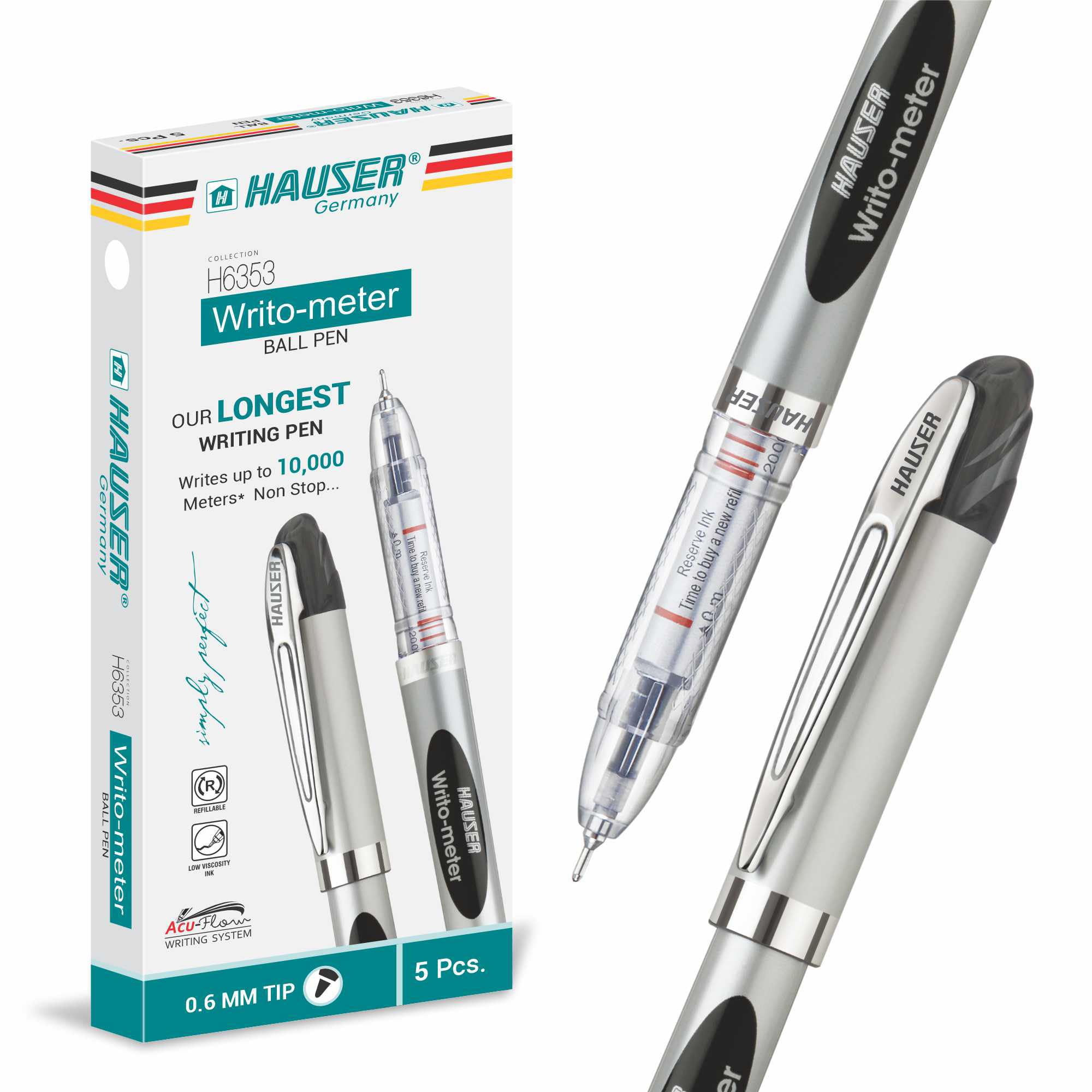 HAUSERWrito-meter Longest Writing Pen – 10,000+ Meters Ink Flow, 0.6 MM Longest Writing - 6.21 Miles Pens, 10X More Than Ordinary Pens, Ergonomic Grip, Smooth & Durable for School and Everyday Use