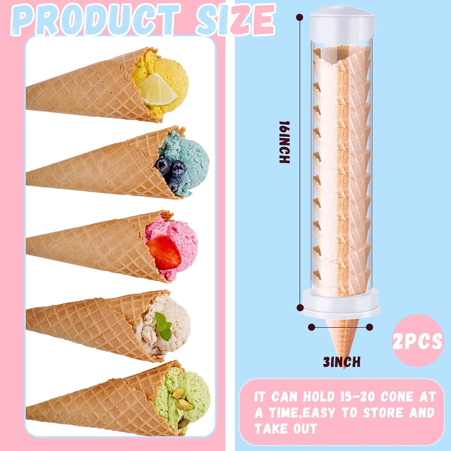Tioncy 2 Pcs Ice Cream Cone Dispenser Waffle Cones Holder 16'' L x 3'' Dia with 2 Gaskets for Ice Cream Wall Mount