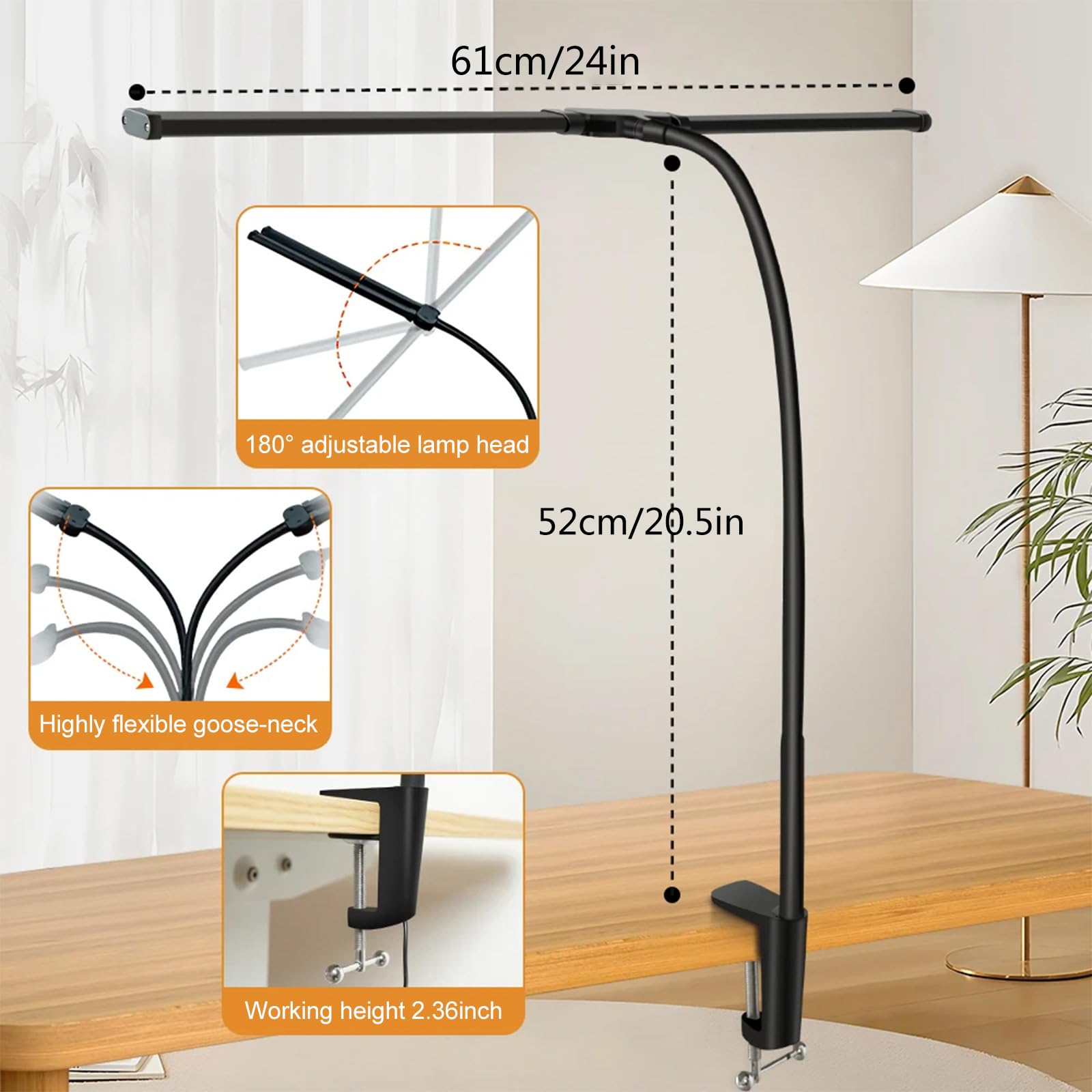 Lampada da lavoro LED a clip con doppio collo cigno, lampada da lettura a risparmio energetico, 10 luminosità per trucco e fotografia Luminosità dimmerabile