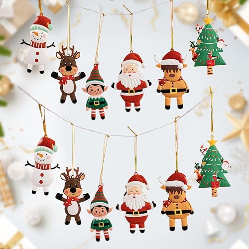 Juego de adornos para árbol de Navidad, decoraciones navideñas con Papá Noel, muñeco de nieve, renos, personajes de elfos, 12 piezas
