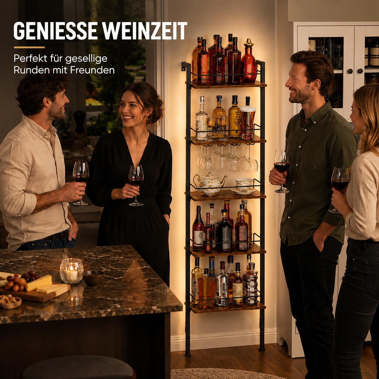 Yorbay 5-Stöckiges Freistehendes Weinregal mit LED-Beleuchtung | Industriestil Flaschenregal mit Glashaltere und Geländer - Schmal Weinständer mit Wandmontage für Küche Esszimmer Bar