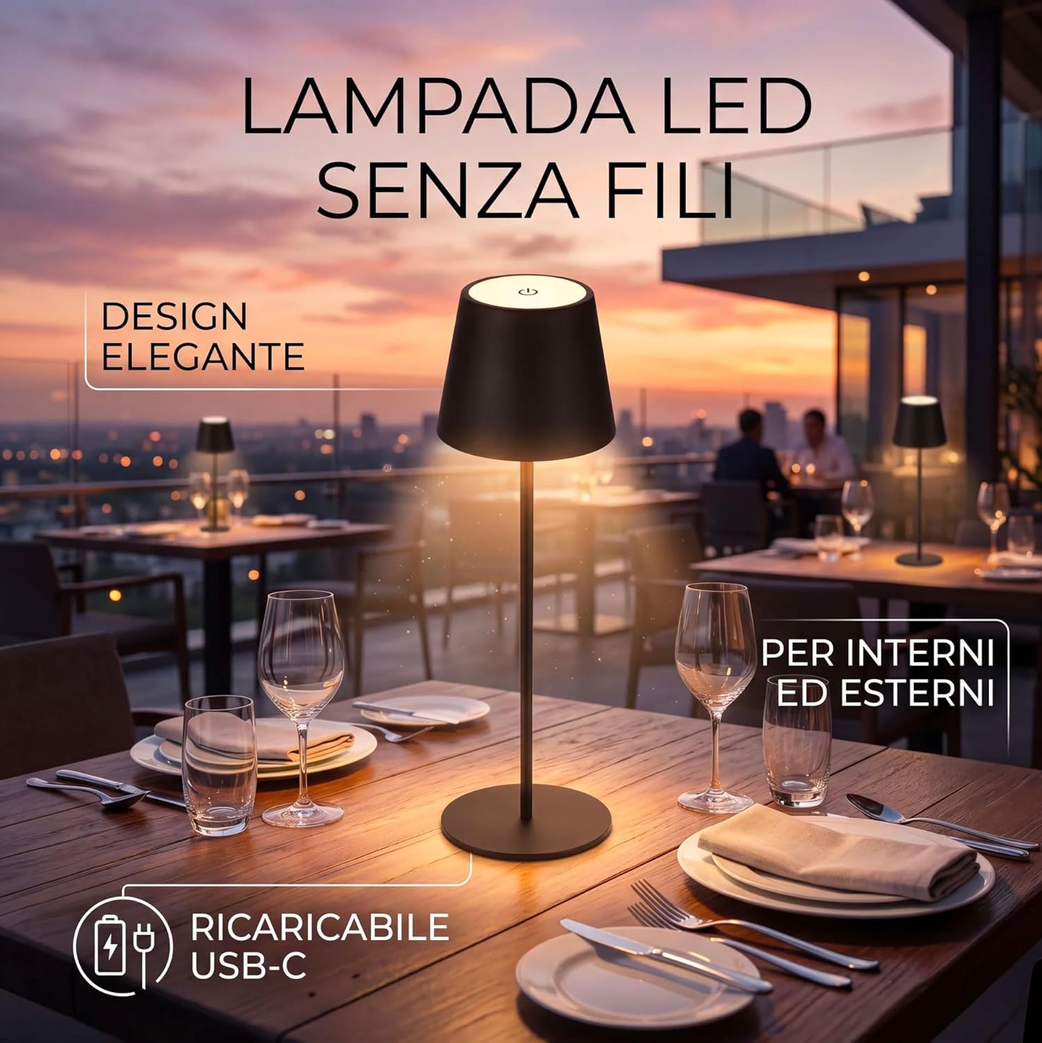 081 Store - 4 PEZZI LAMPADA DA TAVOLO SENZA FILI RICARICABILE, LAMPADA DA TAVOLO LED DIMMERABILE E CON 3 TONALITà DI LUCE, DIMMERABILE 3000-65000K ED IMPERMEABILE IP54 (6)