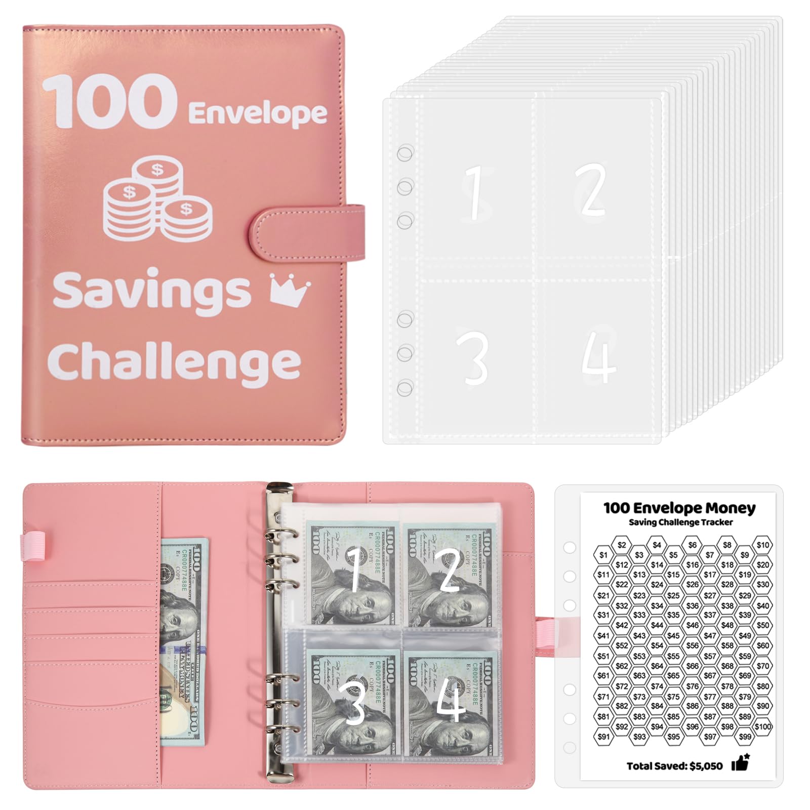 DuyaJoinX 100 Day Money Savings Challenge Binder, A5 Size, Rose Gold, 6 Hole Cash Envelopes, Save Up to $5050