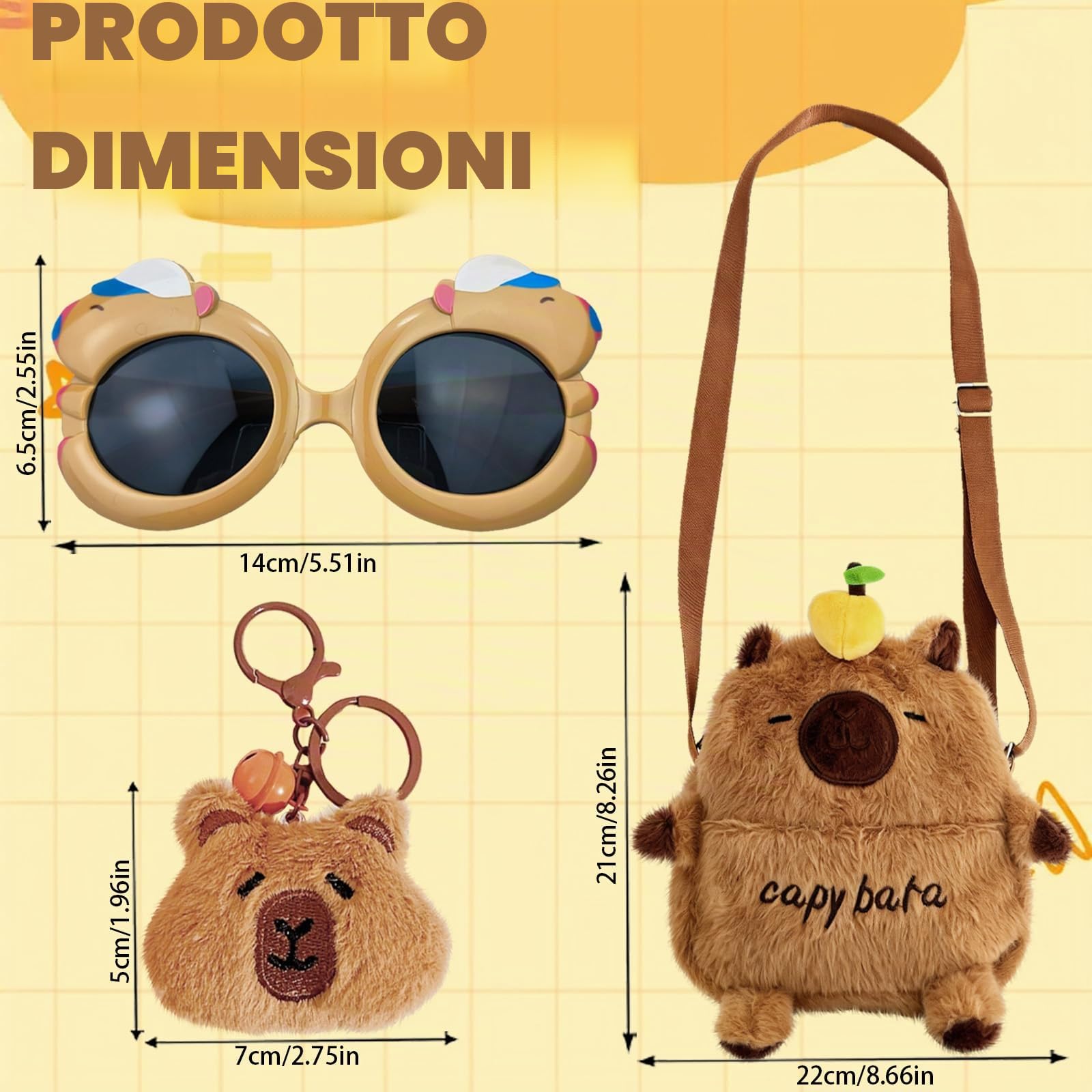 LUKIUP Set di 3 borse Capybara in peluche, con occhiali da sole, ciondolo Capybara, ideale per scuola, shopping e viaggi, portatile, per cellulare, chiavi e portafoglio