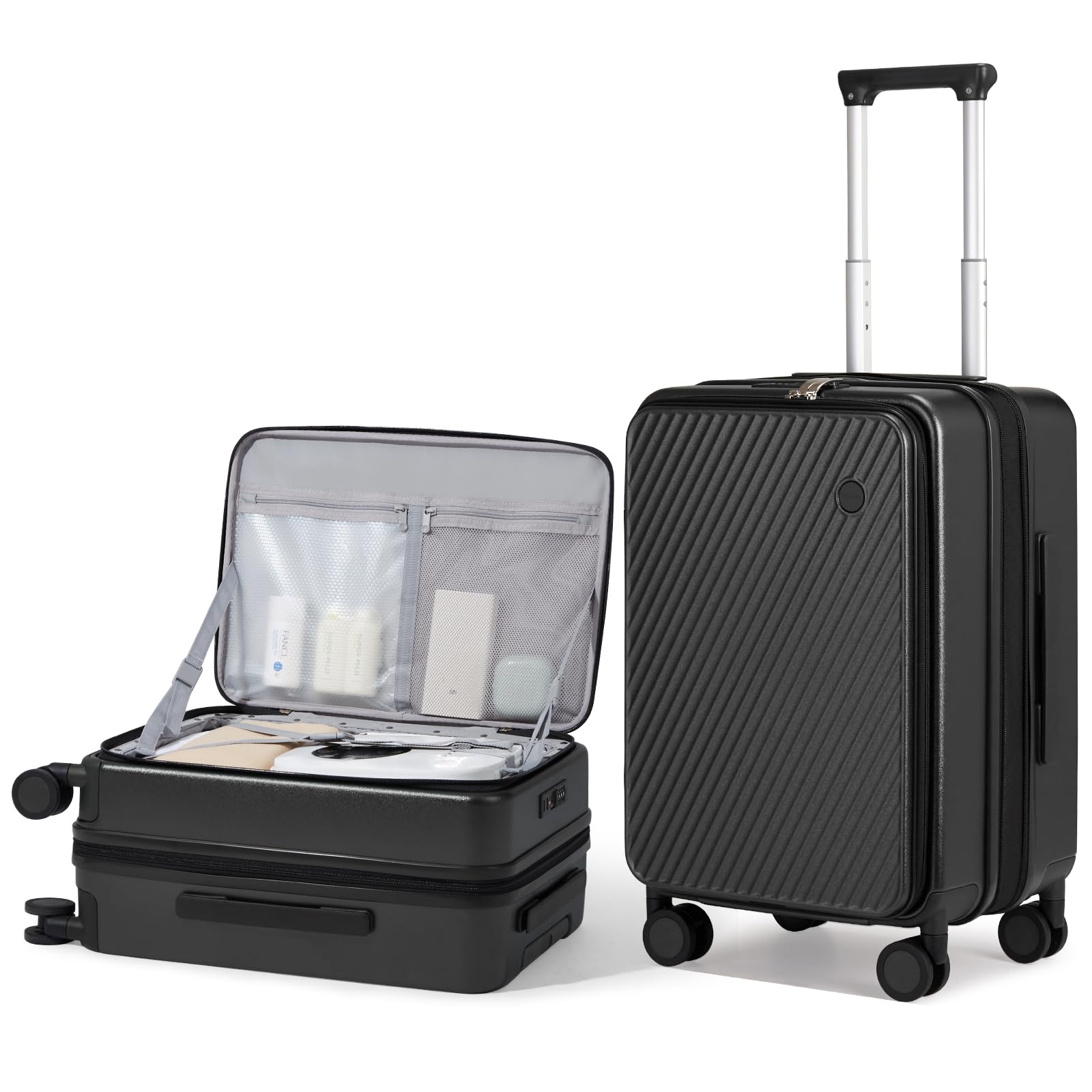 mixi 20 Inch Expandable Carry On Luggage PC Hard Shell Suitcase Top Opening Rolling Travel Suitcases with Spinner Wheels & TSA Lock, Black Black 20-inch